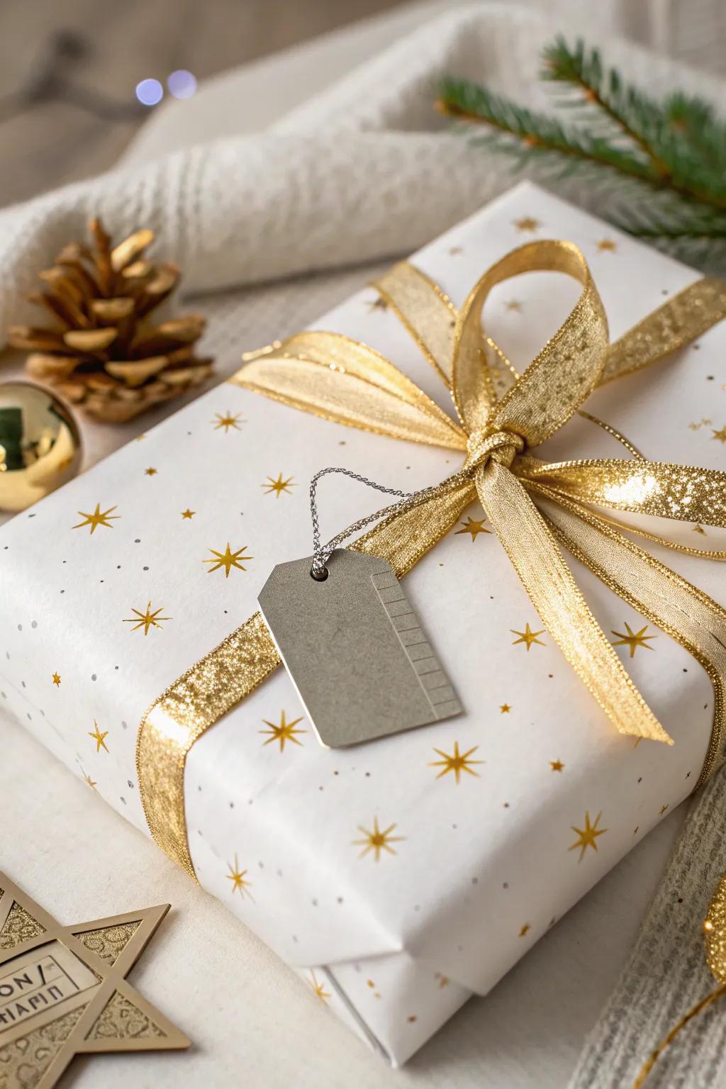 A minimalist presentation in white and gold, capturing a contemporary essence.