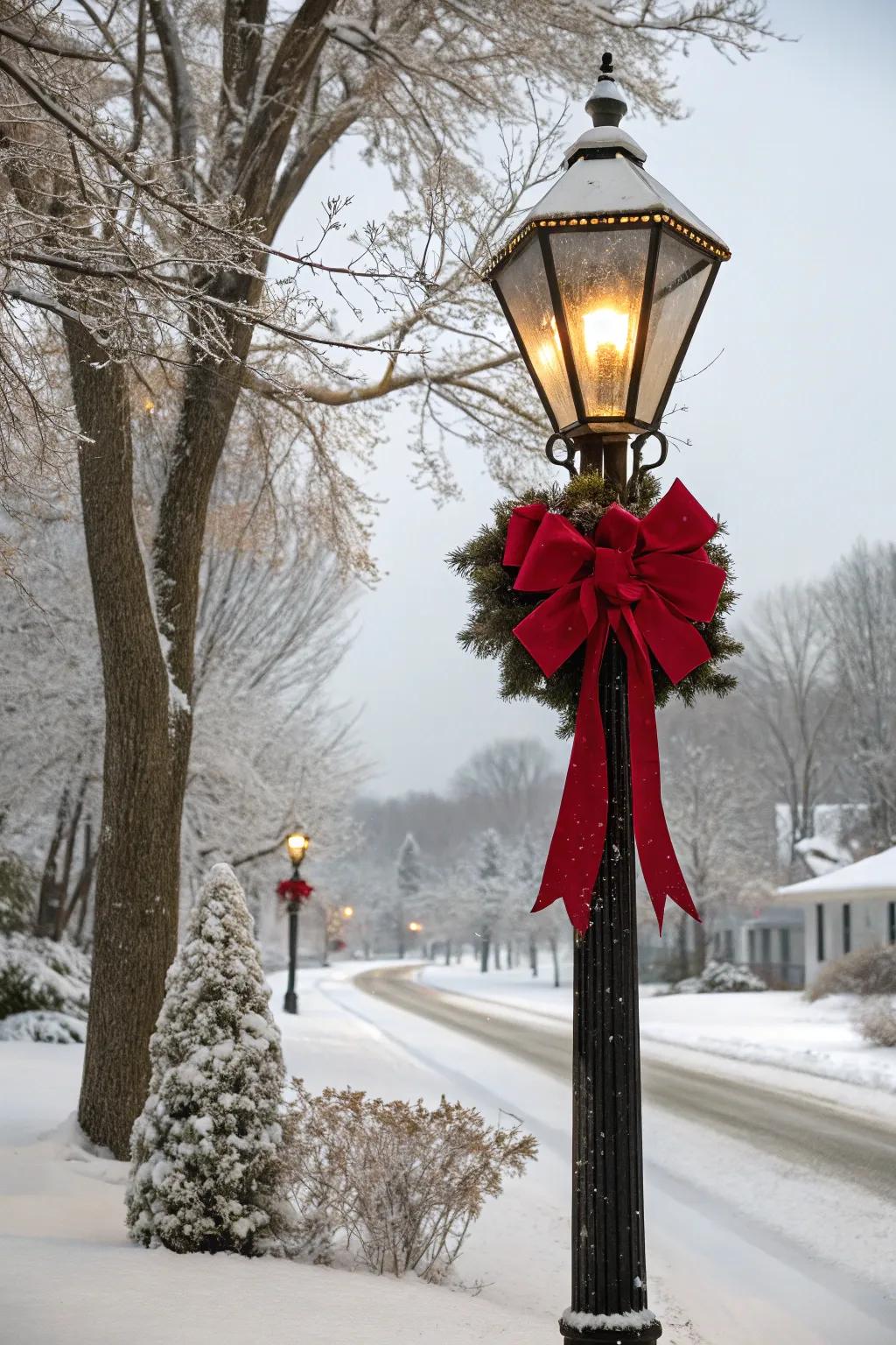 A classic red bow lends a touch of elegance to a festive lamp post.