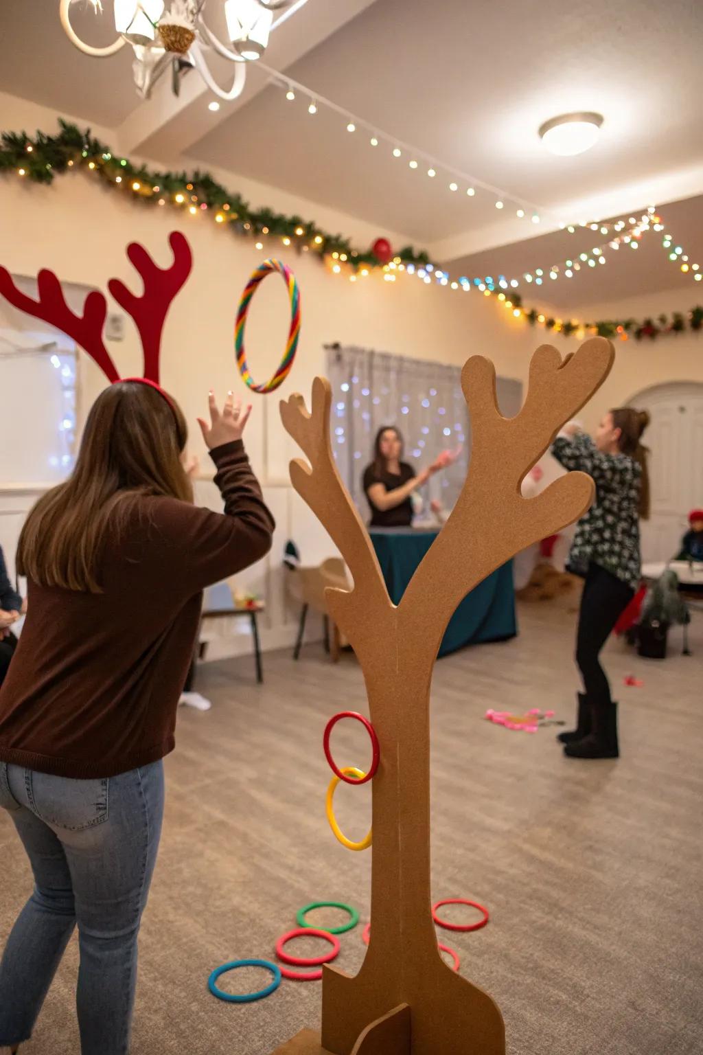 Caribou ring toss game, delivering elation and challenge to the Christmas Games.