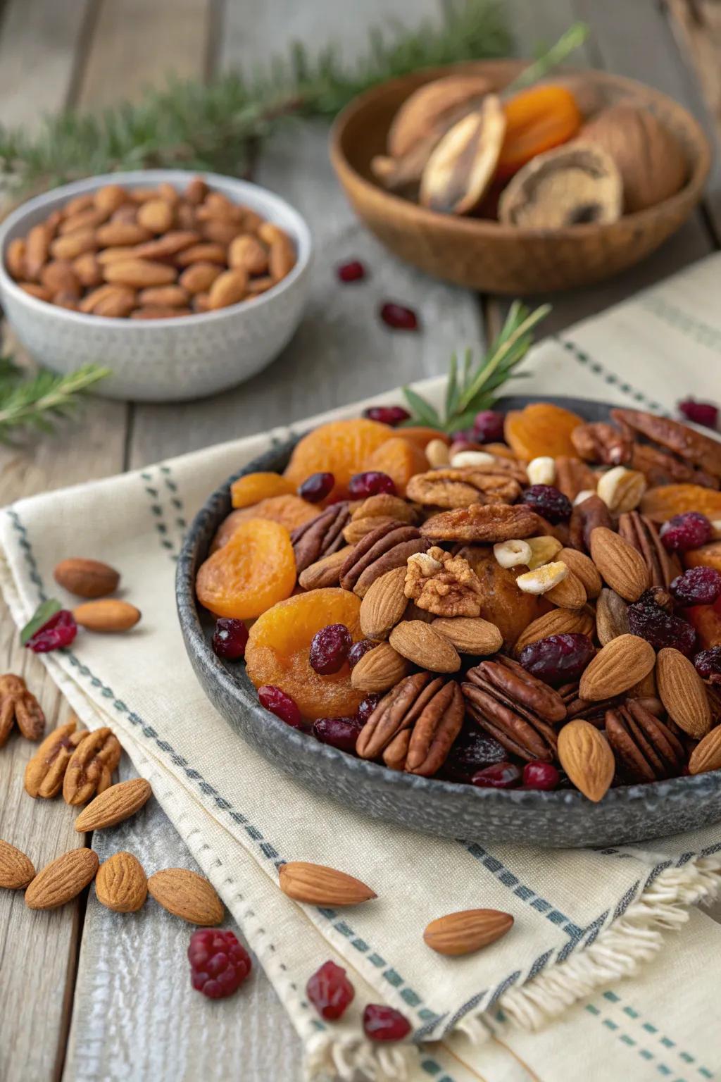 An artful composition of nuts and dried fruits, perfect for holiday celebrations.