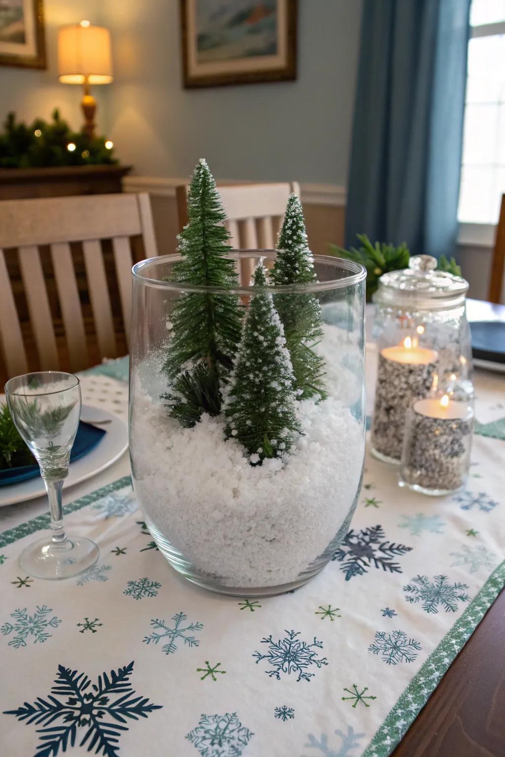 Whimsical frost: imitation snow and miniature plants usher the outdoor ambiance indoors.