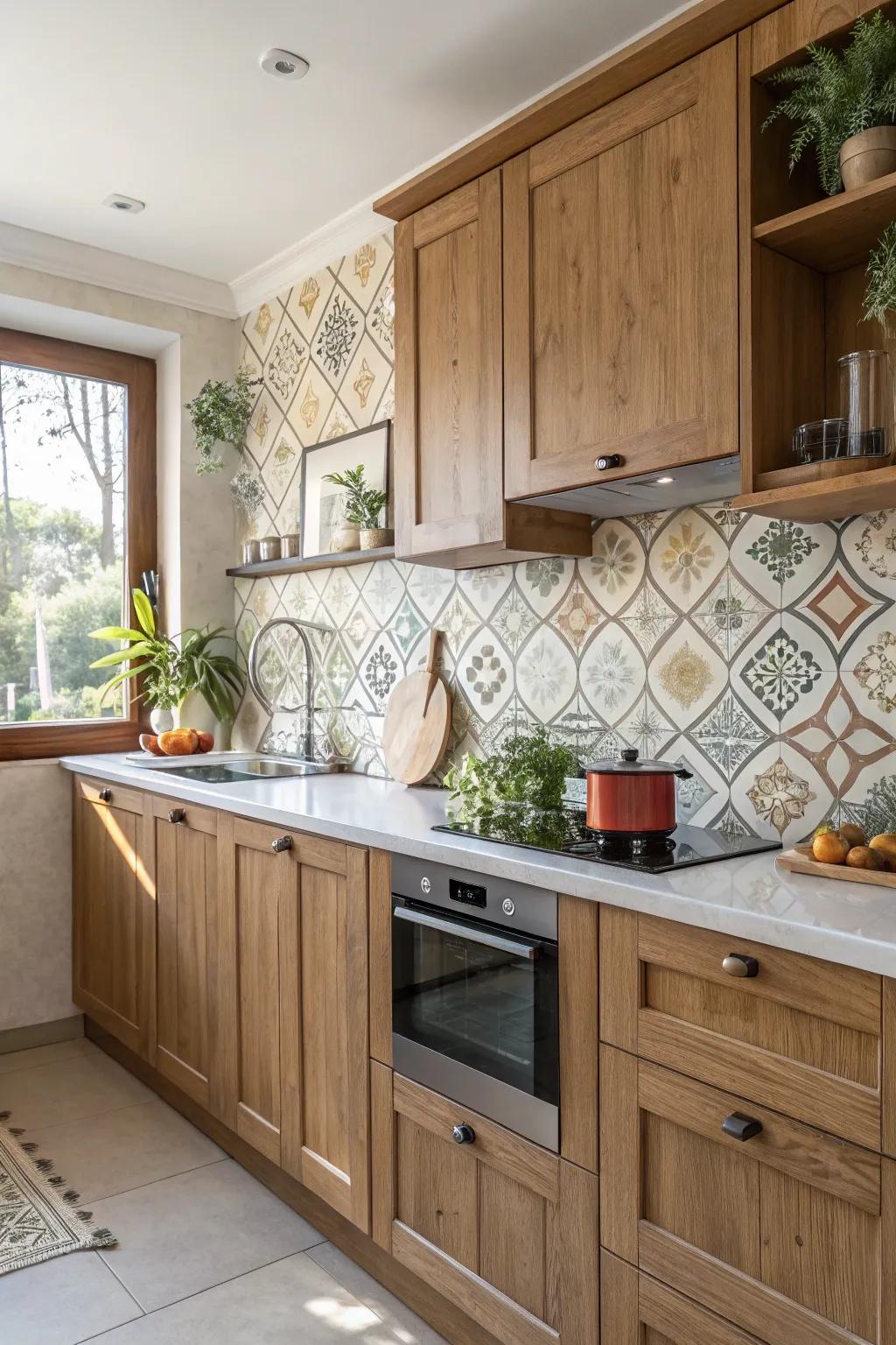 Decorated tiles introduce an element of refinement to a traditional kitchen.