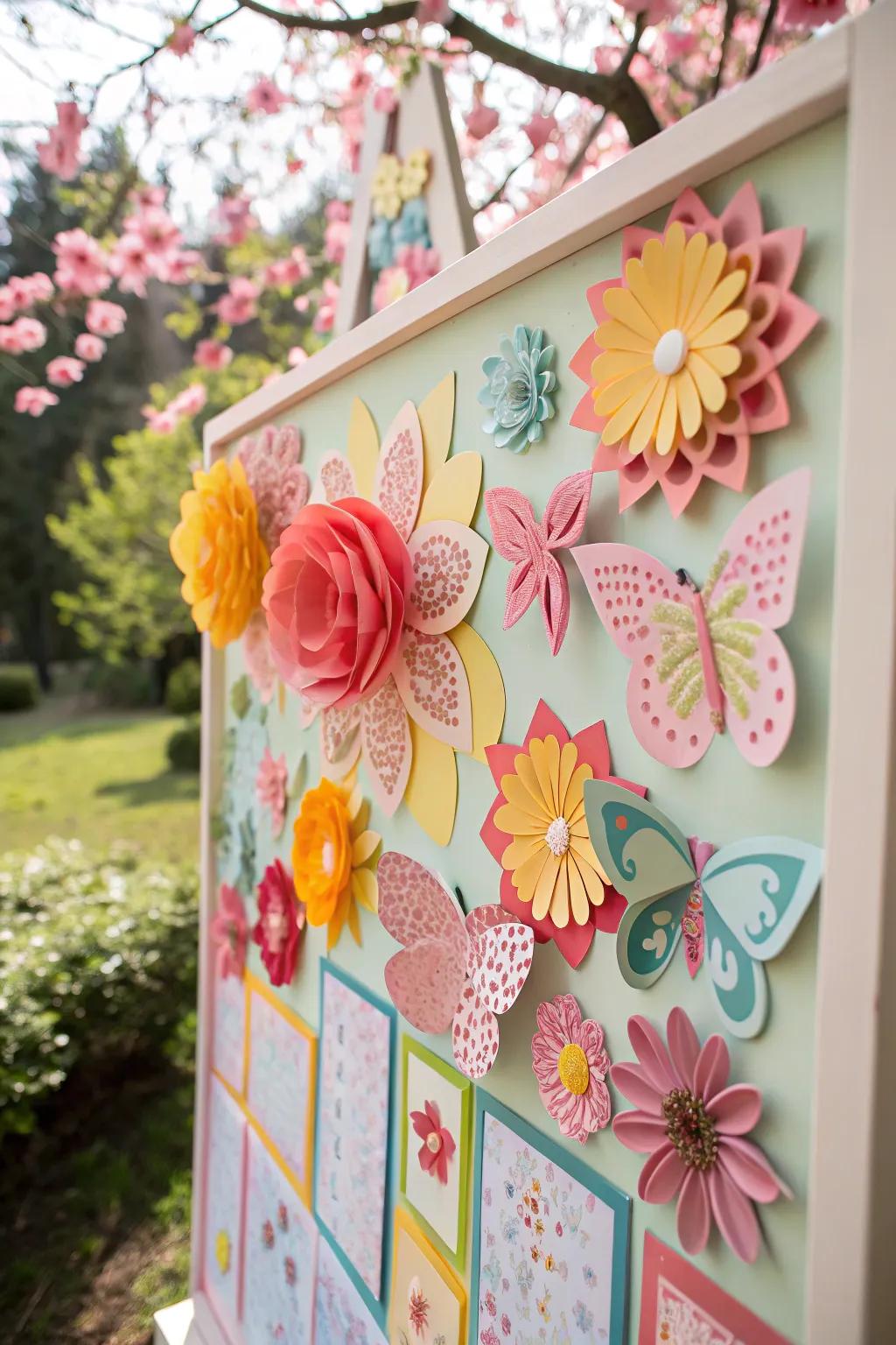 An animated spring-inspired bulletin board featuring 3D flowers and butterflies.
