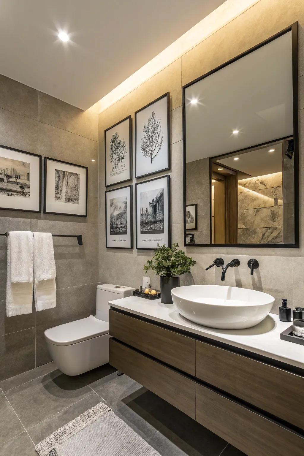 A simple bathroom showing black-and-white prints for a clean and modern style.