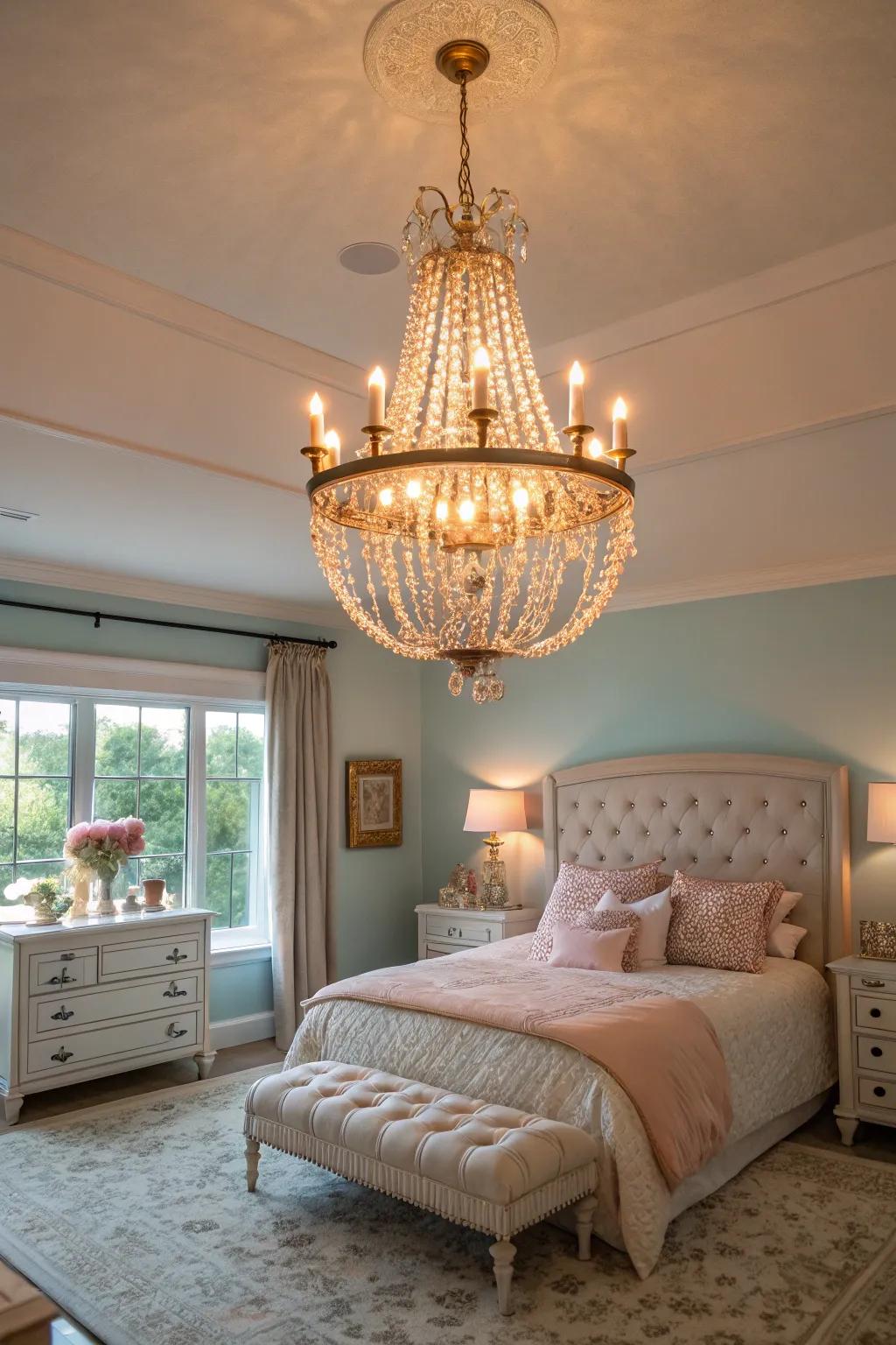 A stunning glass lighting enhances the room's elegance.