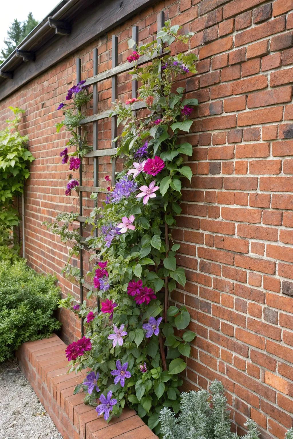 A wall-affixed trellis magnificently presents clematis blossoms against a brick setting.