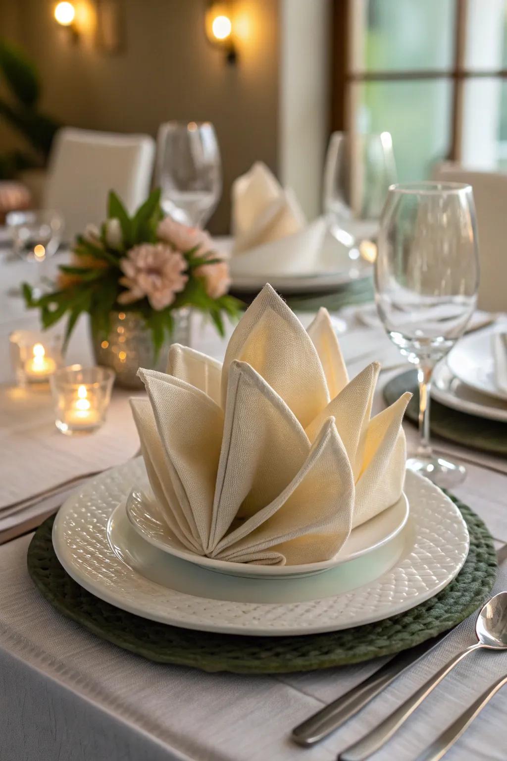 The water lily napkin fold brings a foreign flair to your decor.