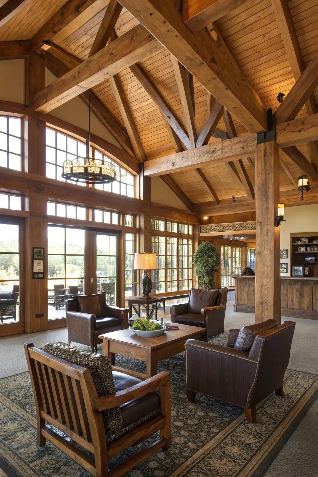 Farmer's style features showcasing timber girders and furnishings inside a clubhouse.