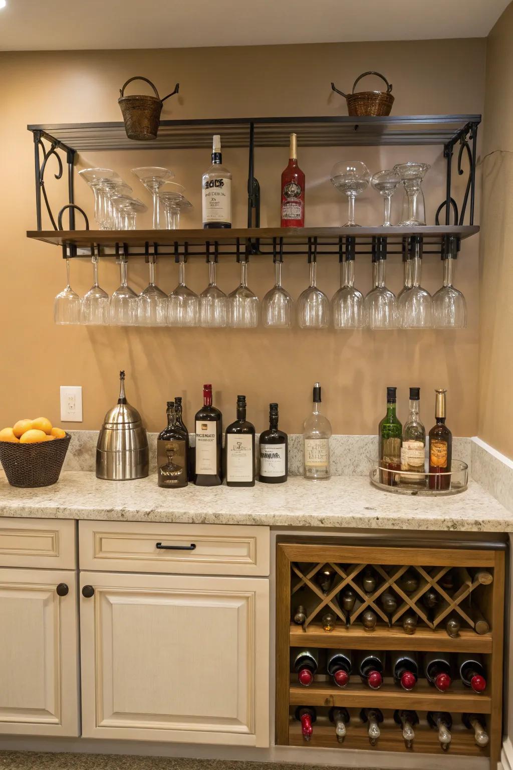 Wall-mounted storage keeps essentials readily available.