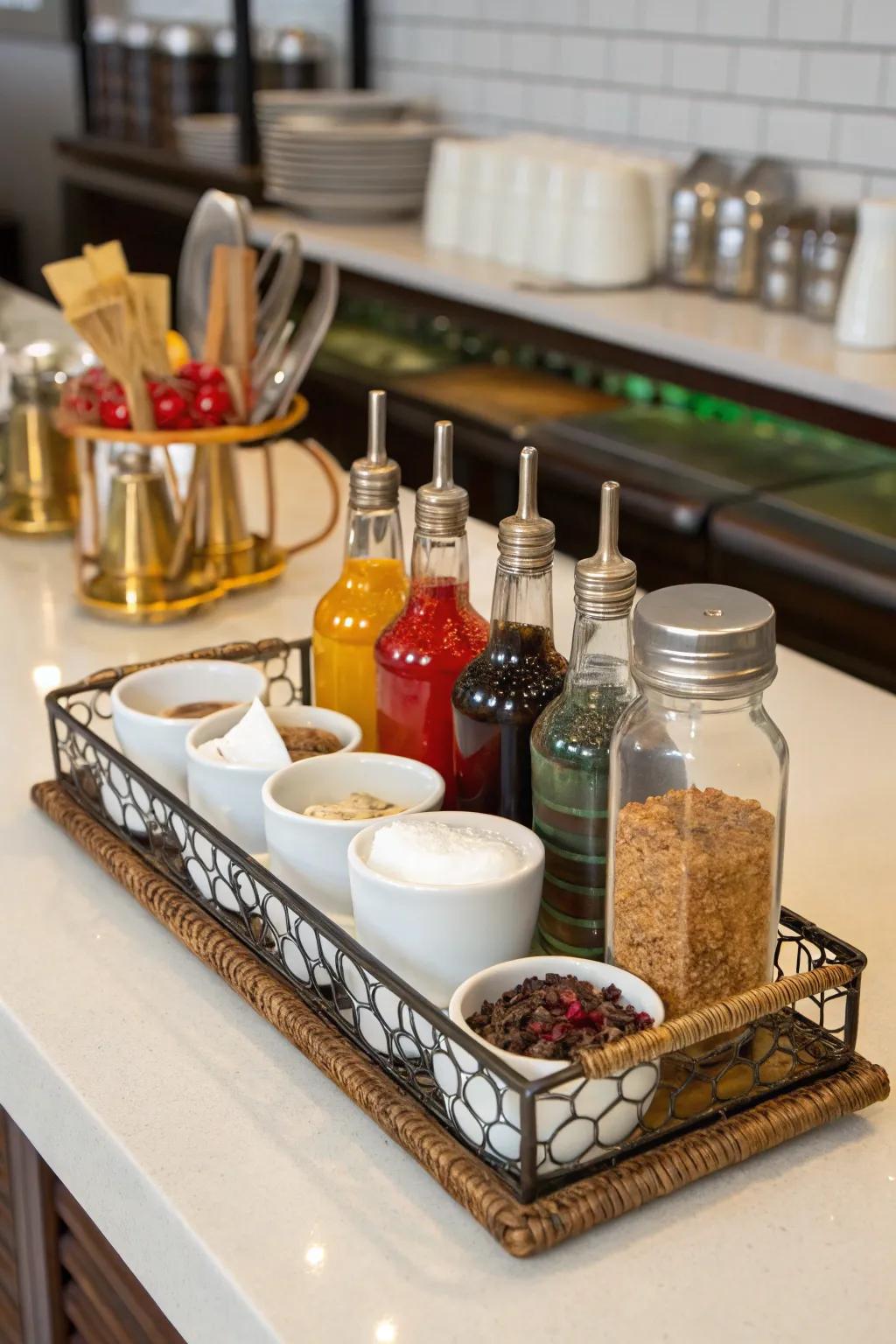 A vintage platter maintains coffee-making necessities arranged.