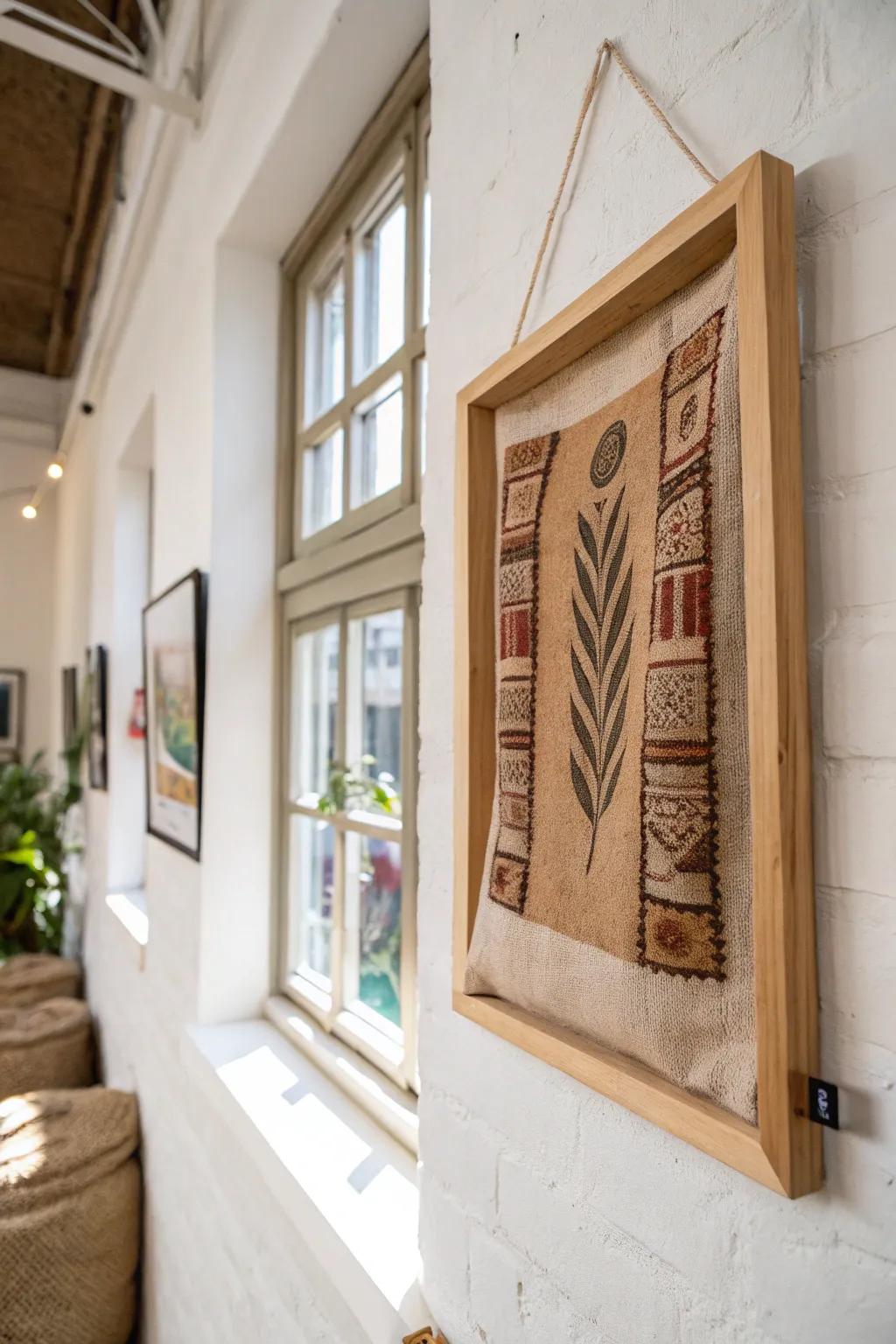 Turn cozy textures into art with framed grain bags, perfect for a cozy and minimalist aesthetic.