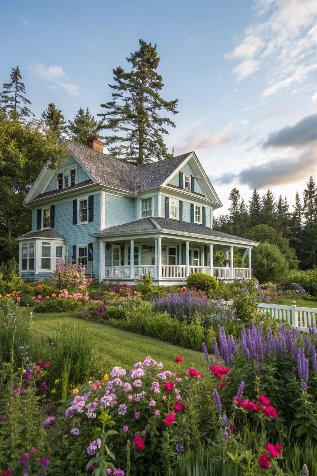 A sophisticated colonial house with an earthy azure facade surrounded by a lush garden.