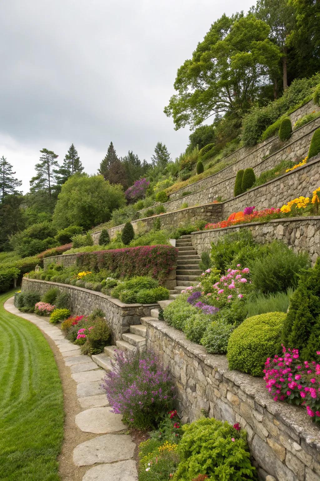 Stepped gardens with stone partitions introduce depth and beauty to sloped landscapes.