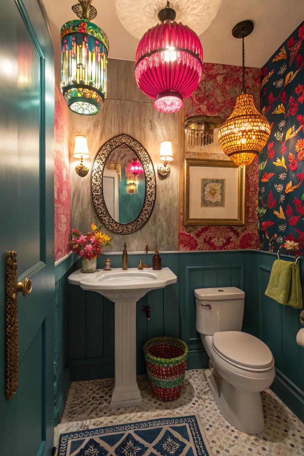 Unique ornamental illumination enhances the multi-colored decor of this guest bathroom.