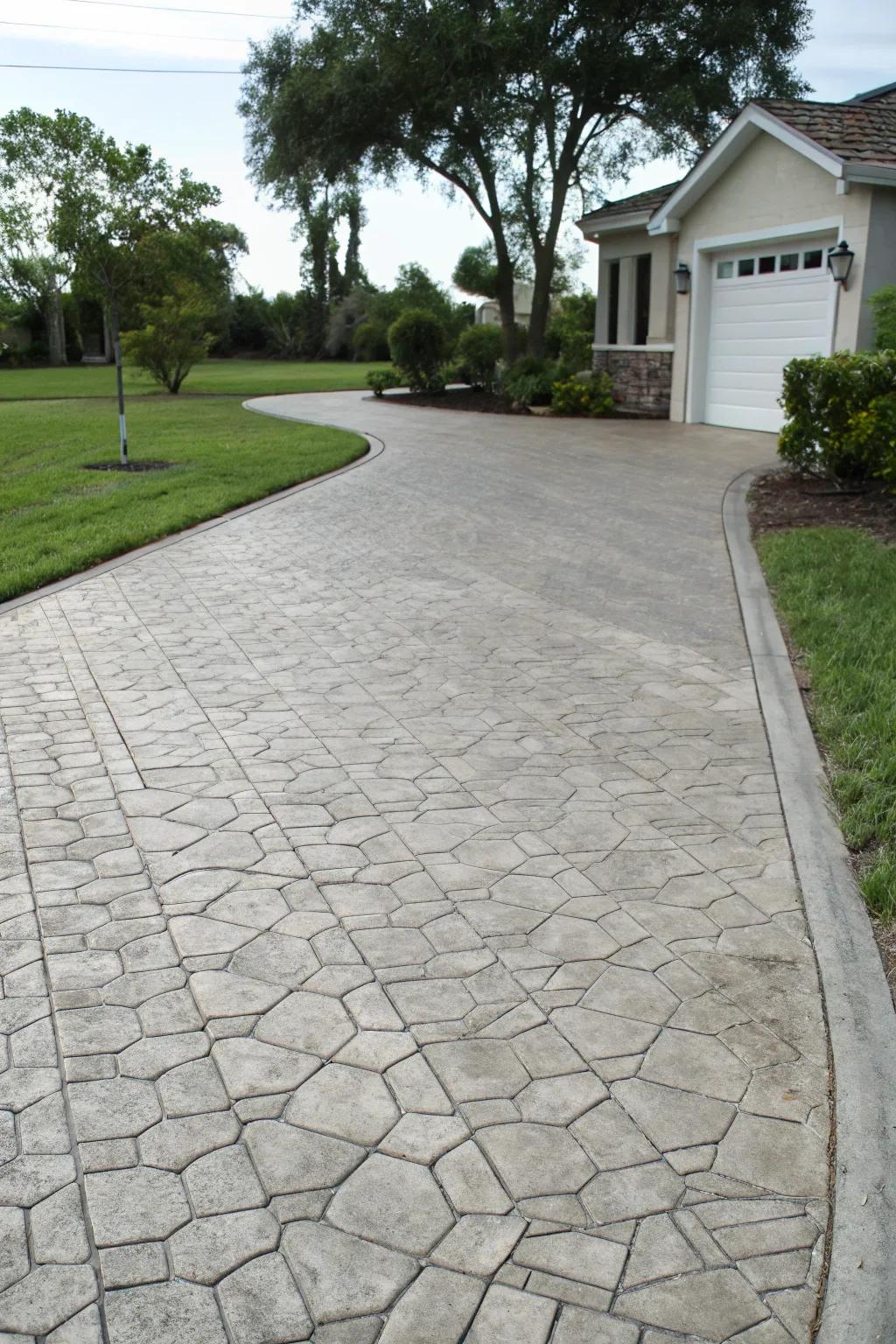 A textured concrete driveway that offers the charm of cobblestone, creating a timeless and inviting ambiance.