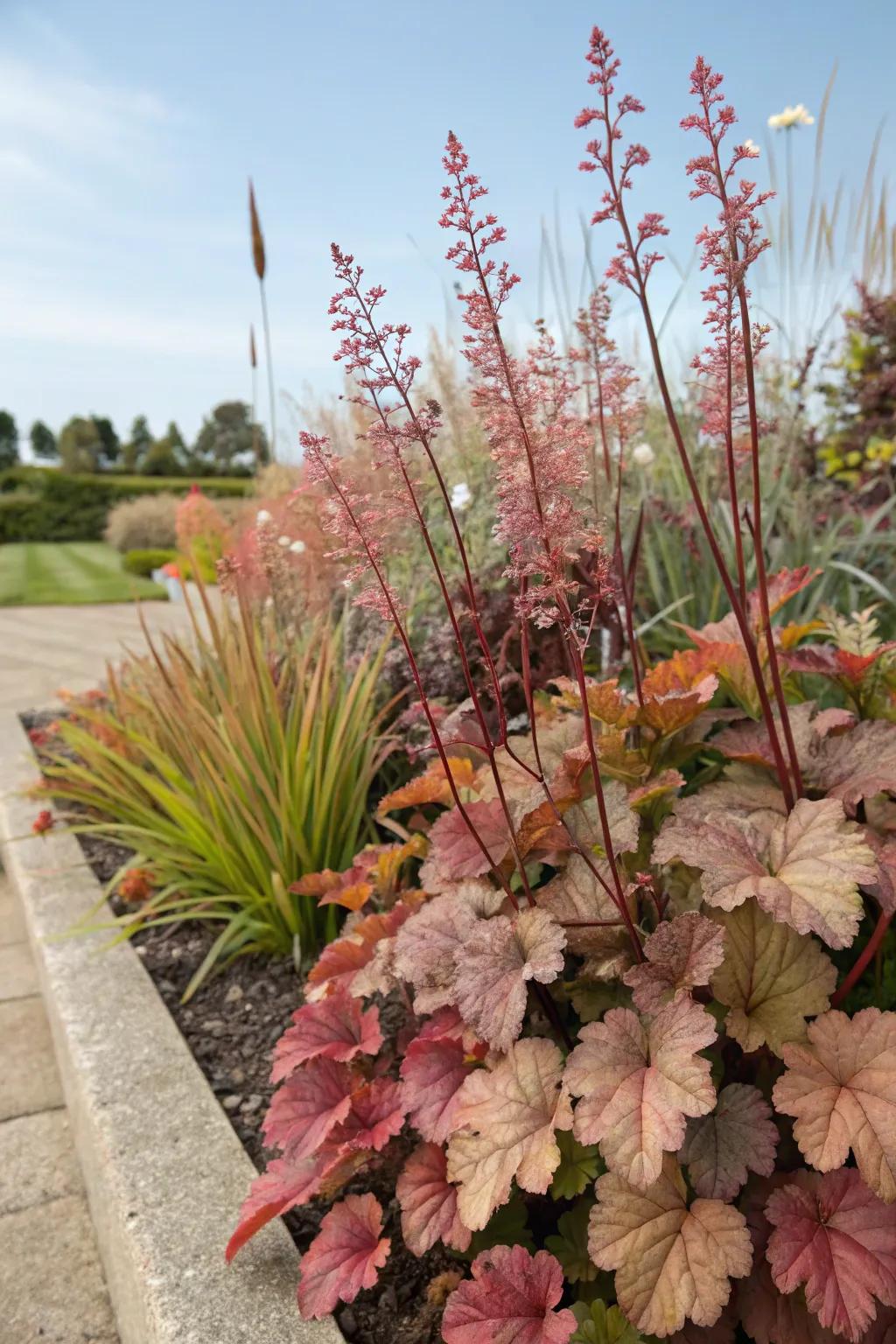 A tiered garden bed that features kaleidoscope bells contributes enhanced dimension to the landscape.