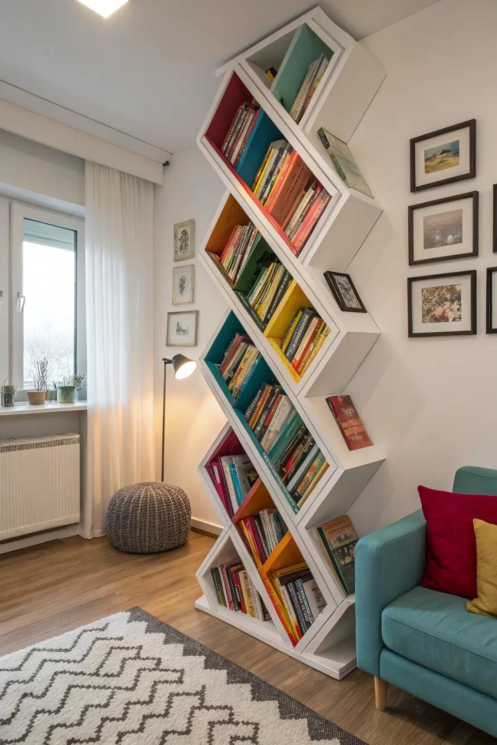 Zig-zag bookshelves offer a distinctive design declaration.
