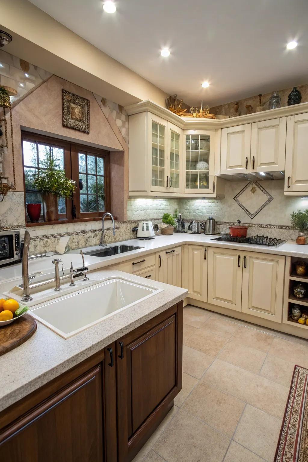A diagonal corner sink plan offering more countertop space for simple kitchen tasks.