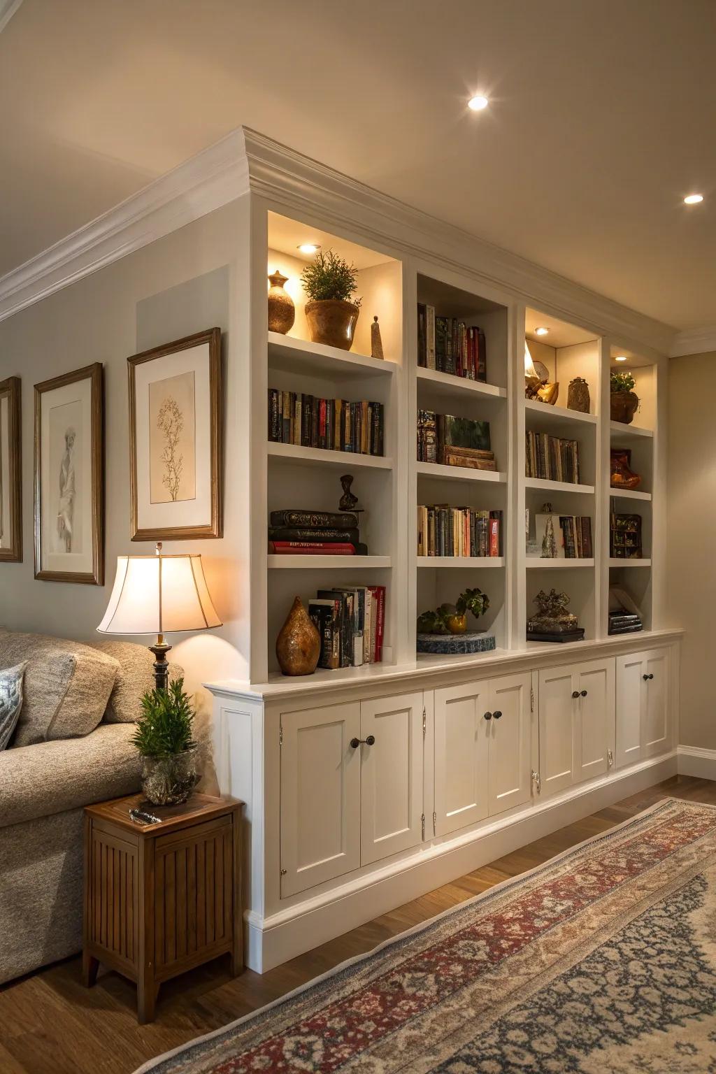 Corner-fitted shelving blends practicality with aesthetic appeal.