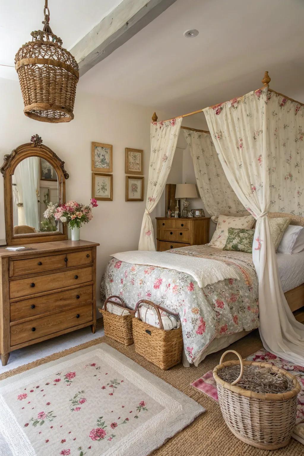 Vintage mirrors and country-style baskets add historical charm.