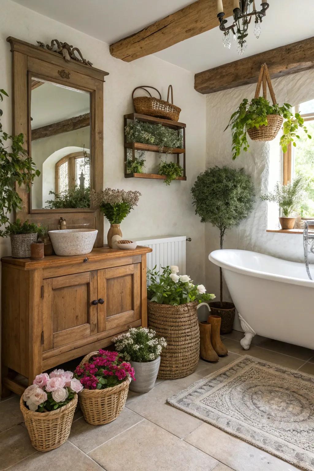 Greenery adds vibrancy to this appealing country bathroom.