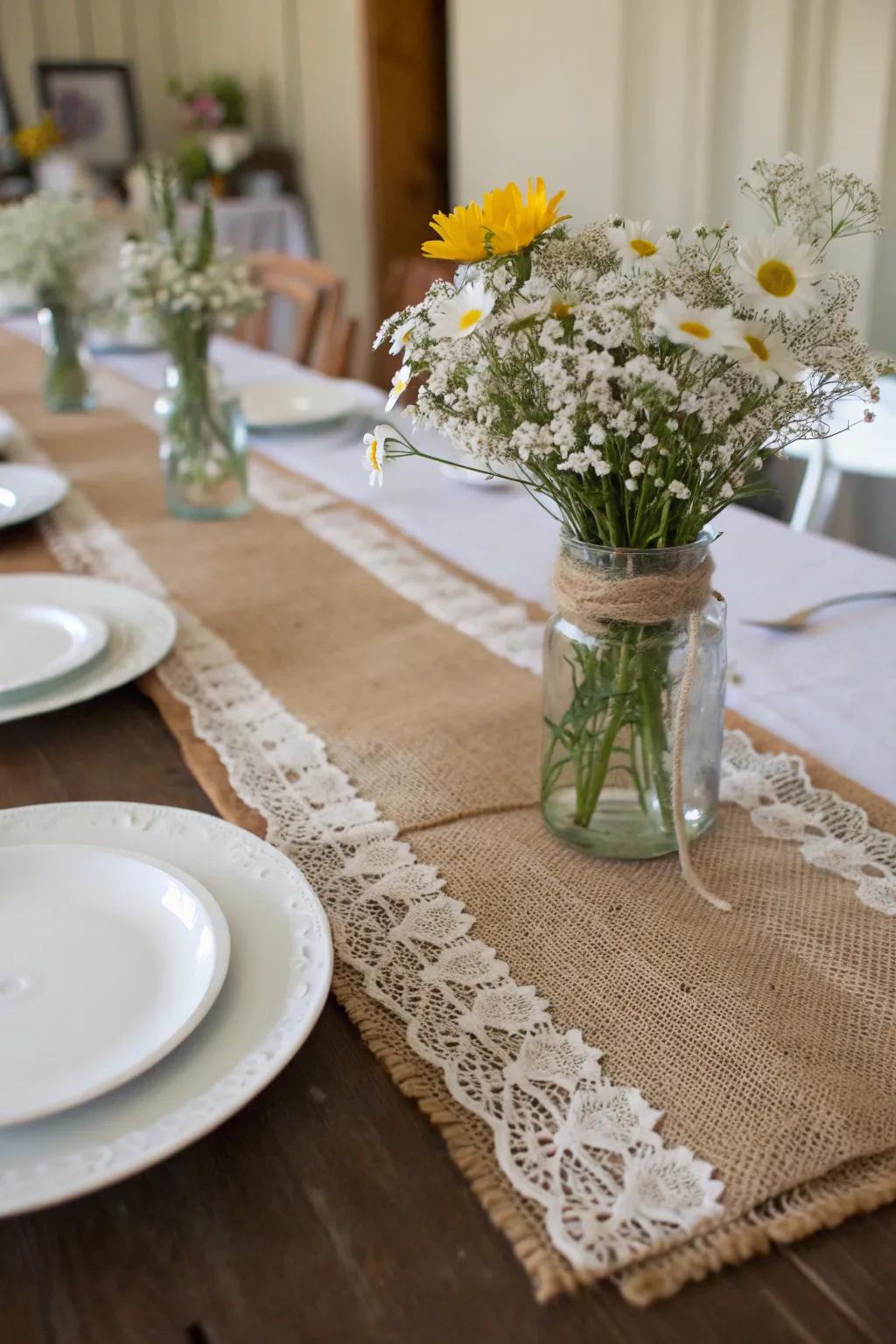 Combining burlap and frills produces an exquisite rustic table setting.