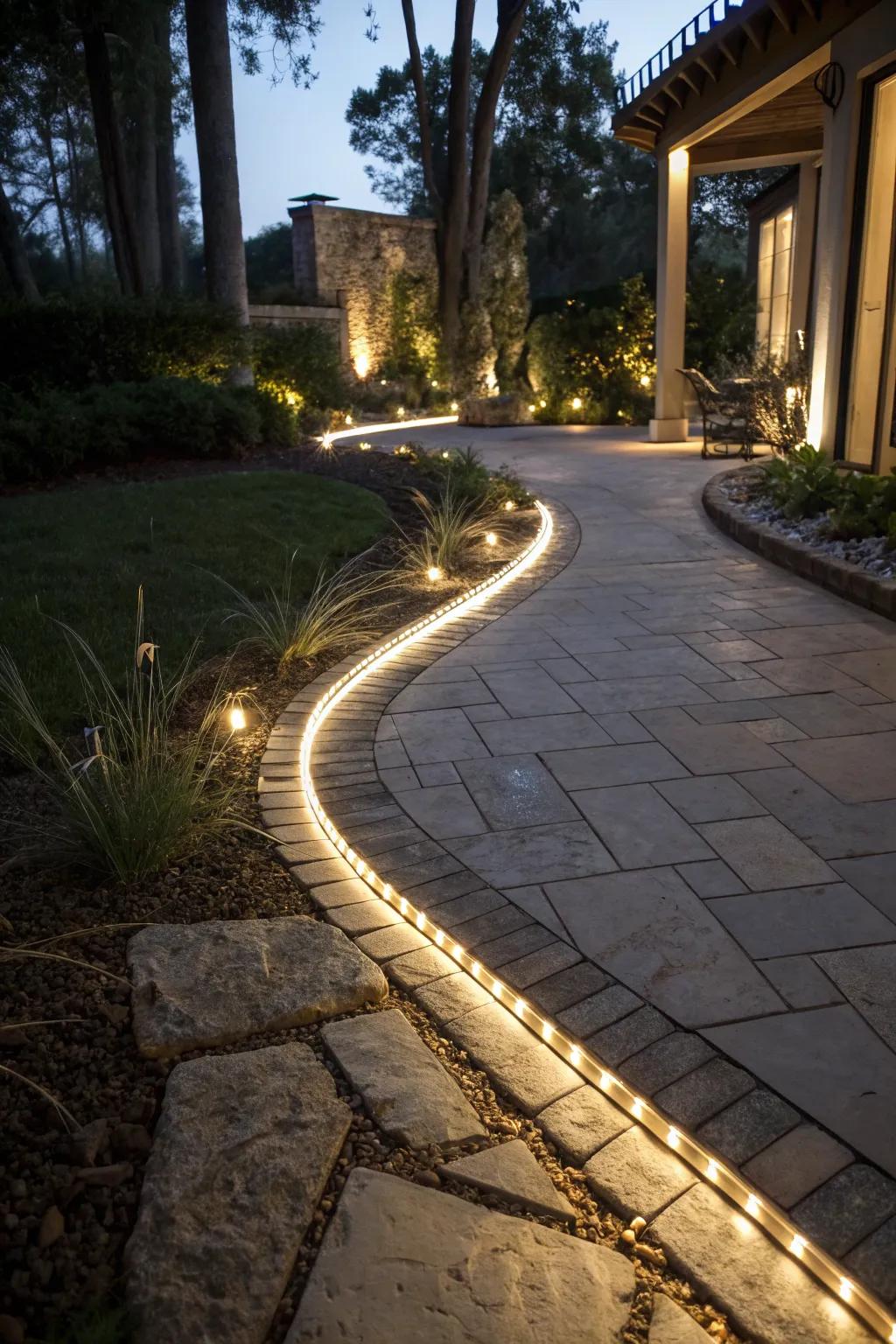LED light strips elegantly illuminate a patio path.