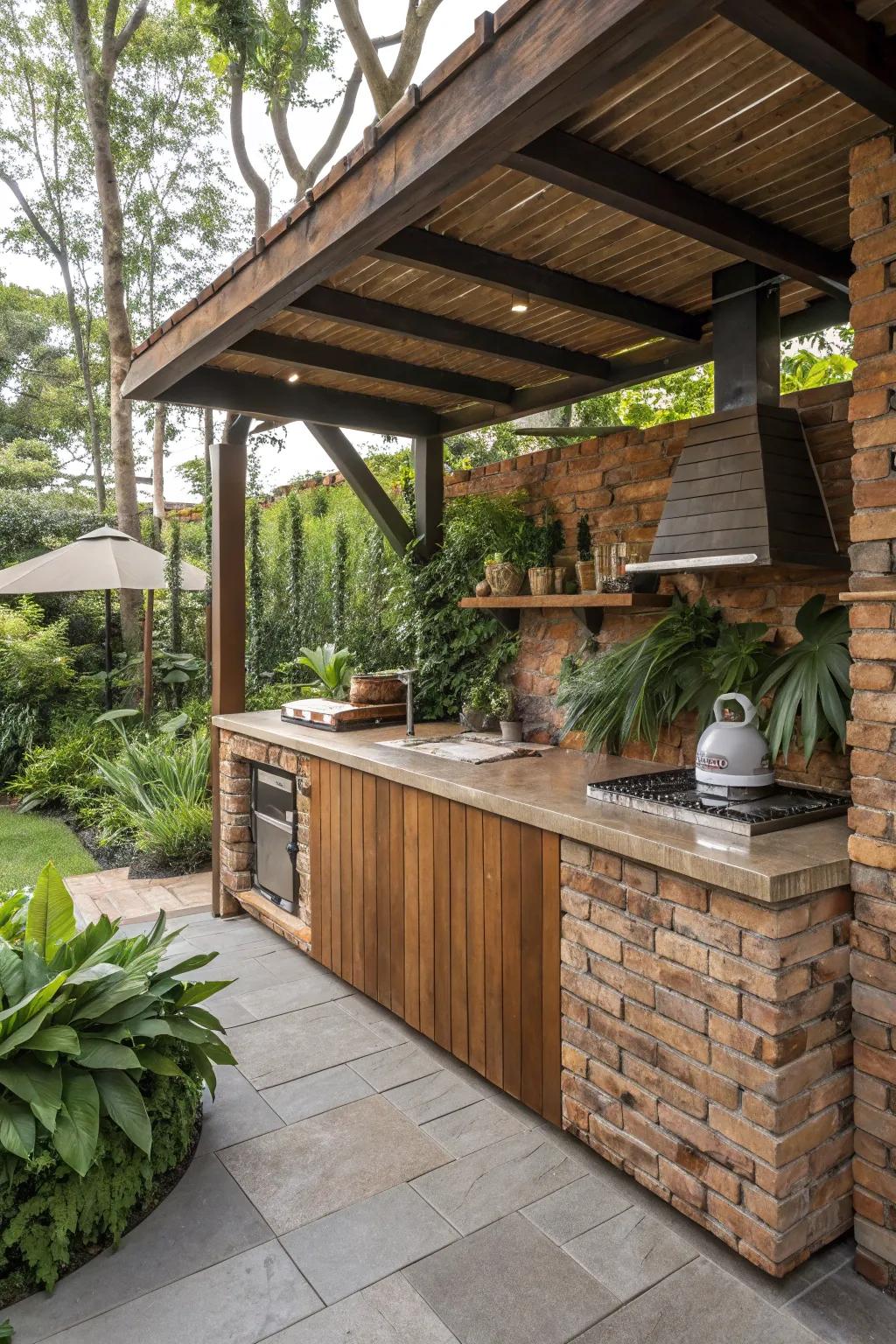 A snug, rustic kitchen blending wood and brick aspects delivers warmth to your deck.