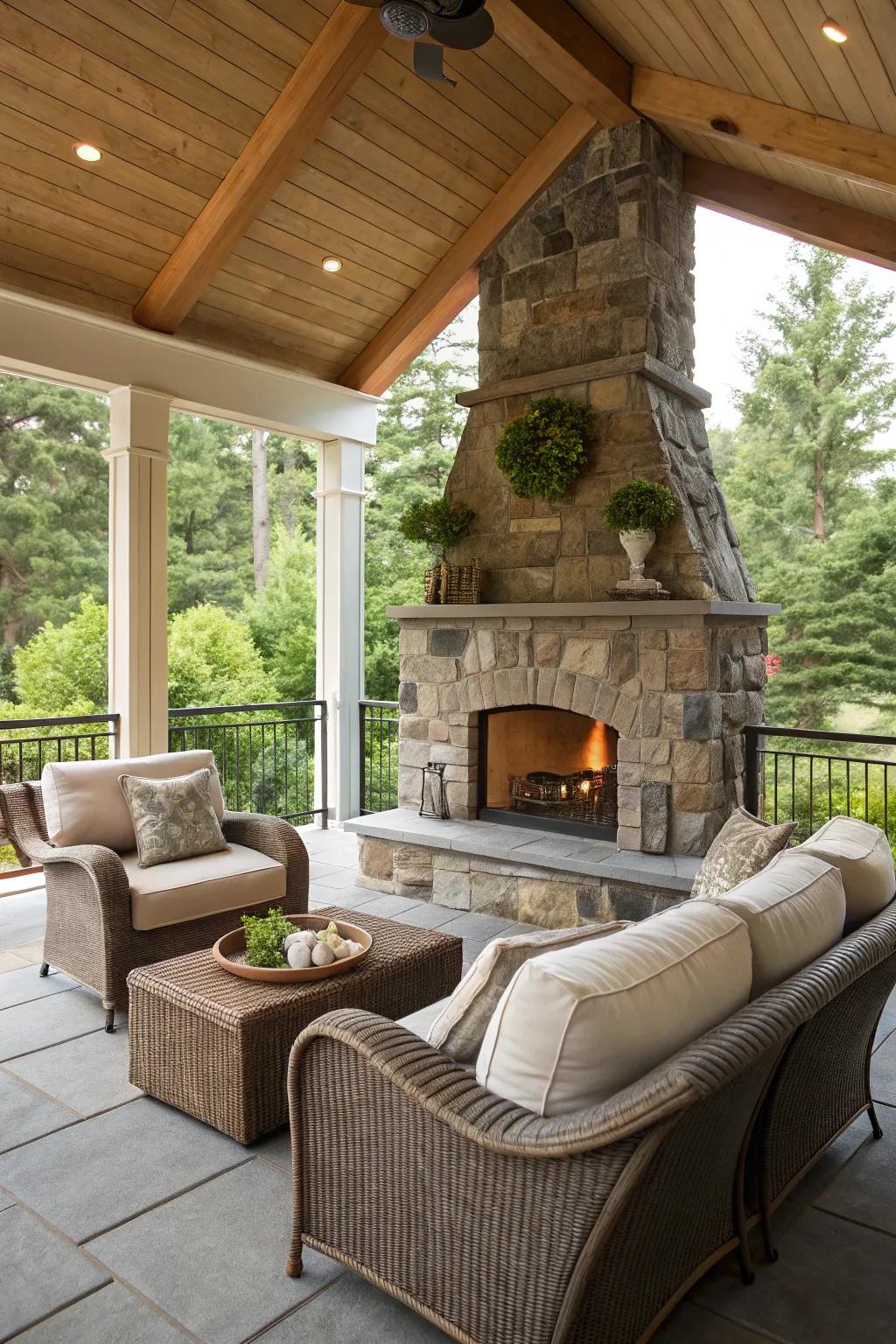 A rock hearth brings warmth and mood to the porch.