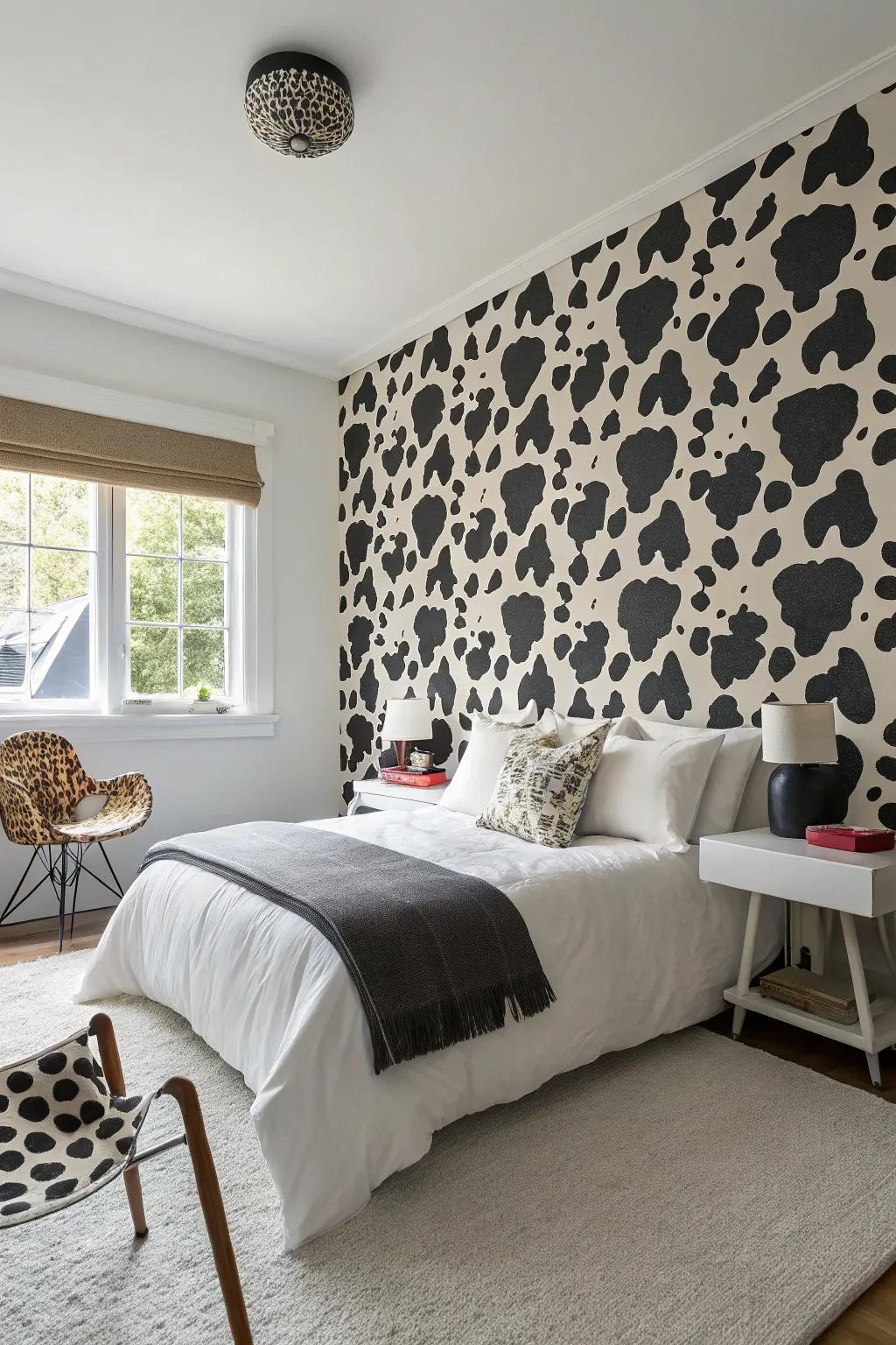 Cow print wallpaper makes a bold statement in any room.