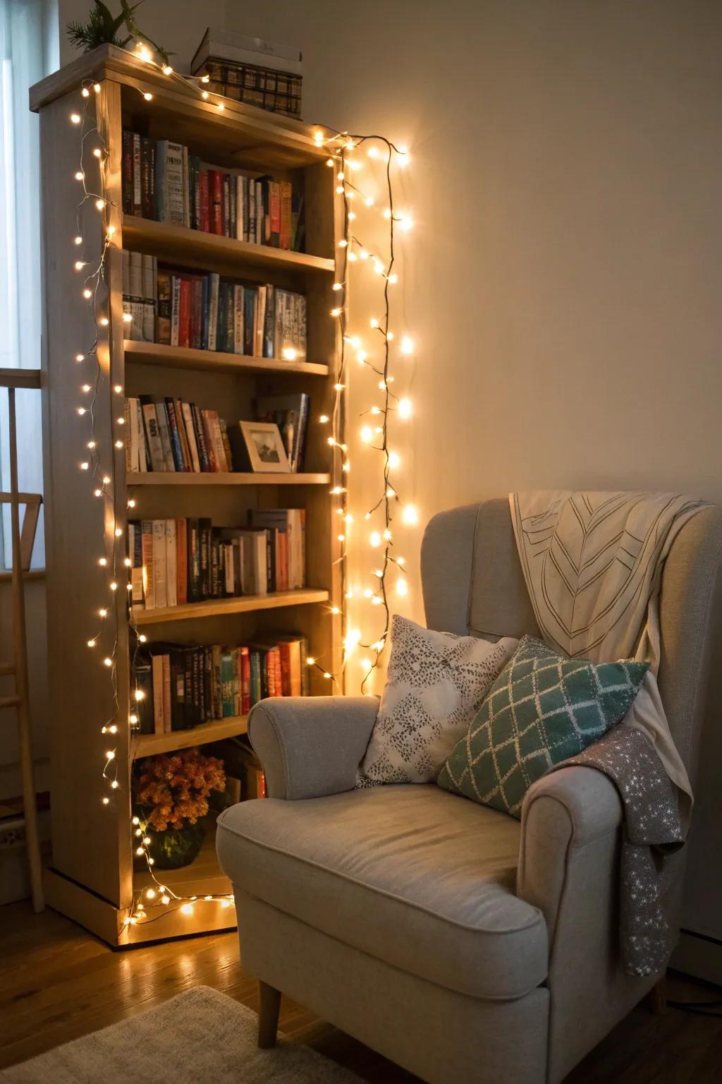 Reading nook with fairy lights wrapped around a bookshelf.