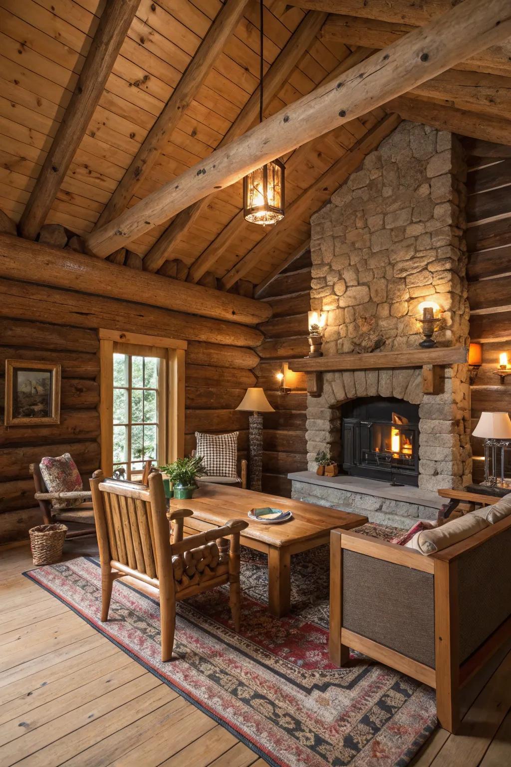 Natural wood elements such as beams and log walls enrich the cozy atmosphere, inviting a sense of calm.