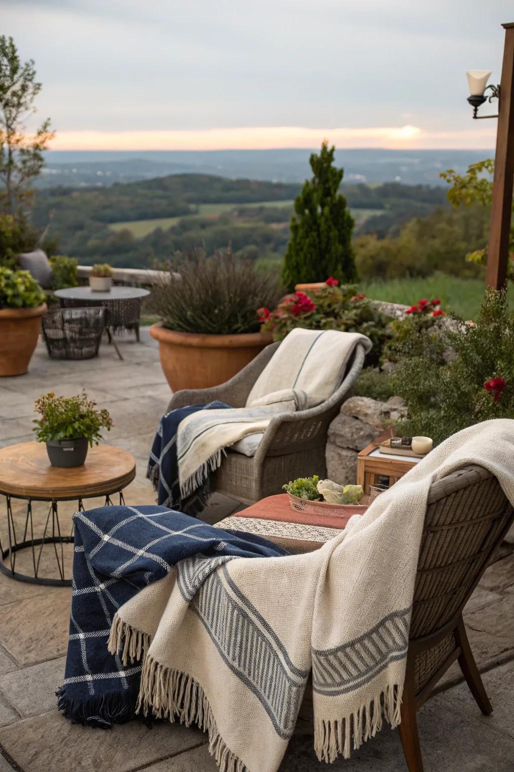 Throw blankets contribute an extra layer of warmth to outdoor spaces.