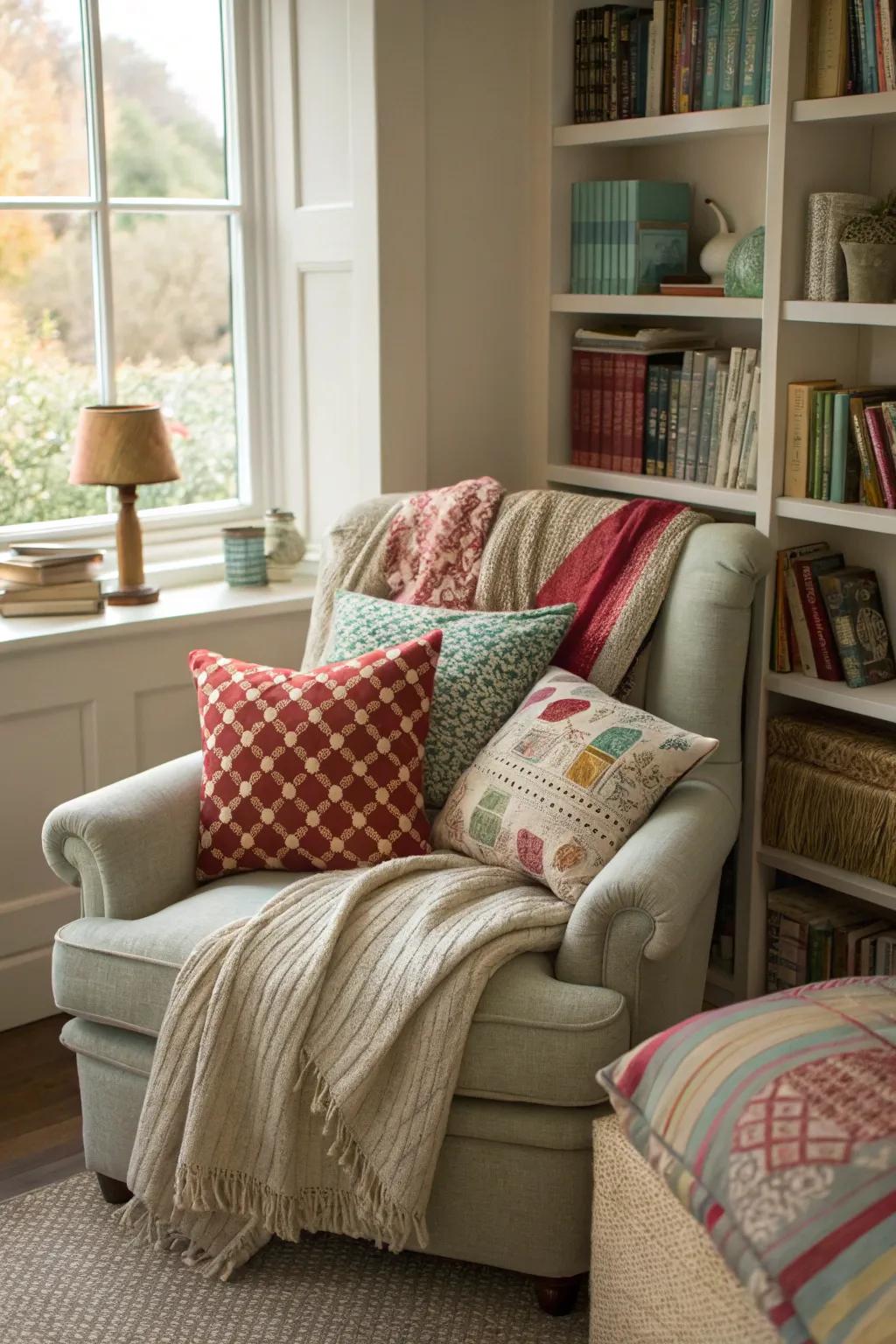 A reading nook filled with colorful pillows and throws, inviting you to get comfortable.