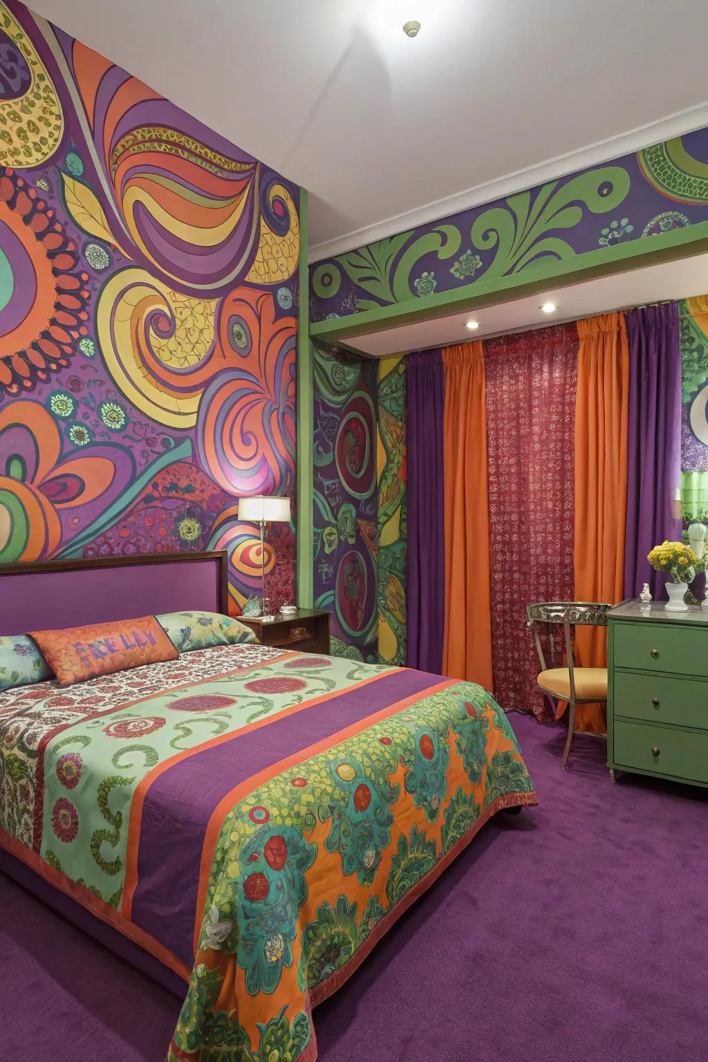A psychedelic bedroom featuring vibrant colors and vintage designs.