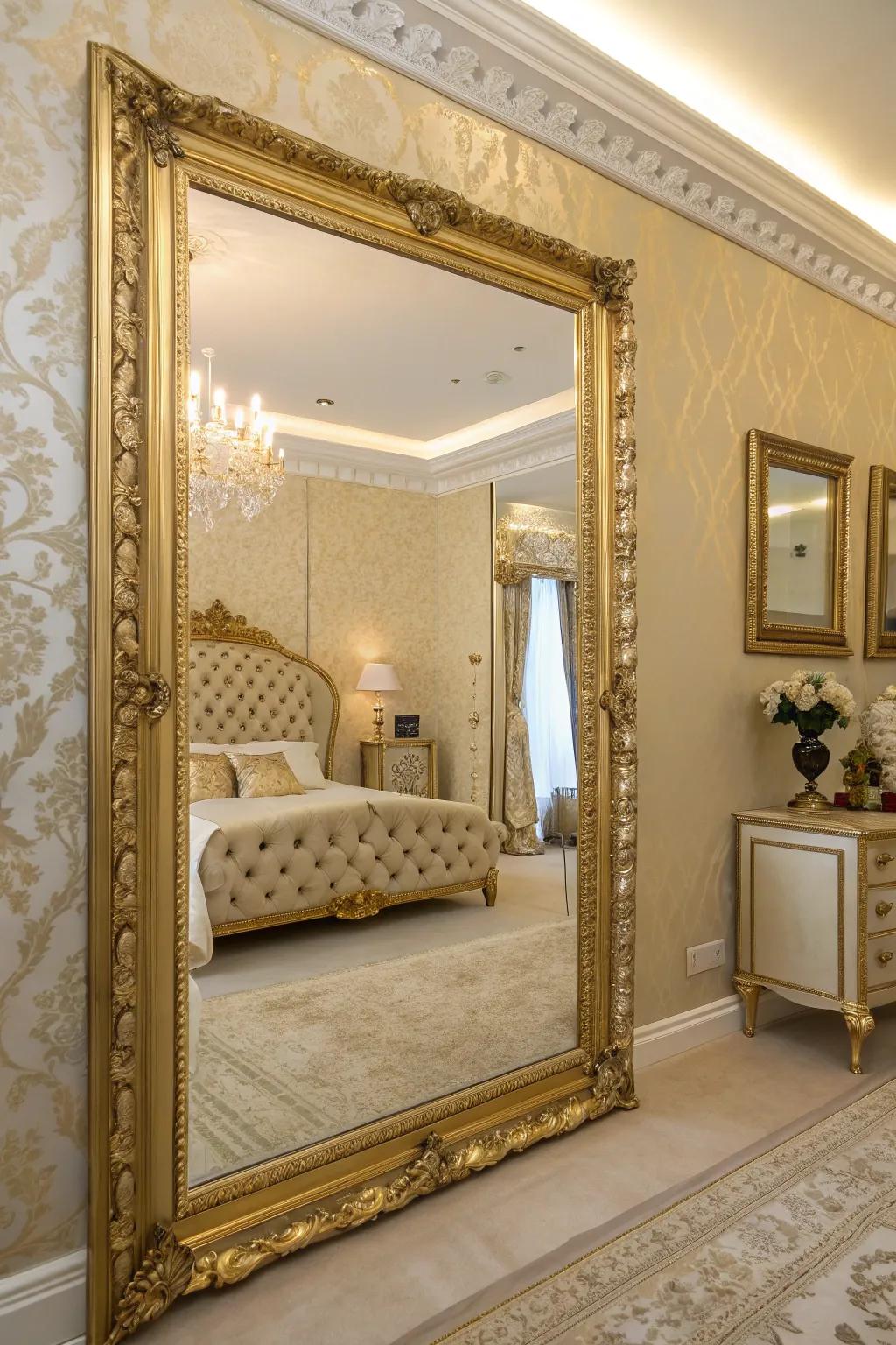 Looking glasses featuring gilt borders enrich the area's proportions and refinement.