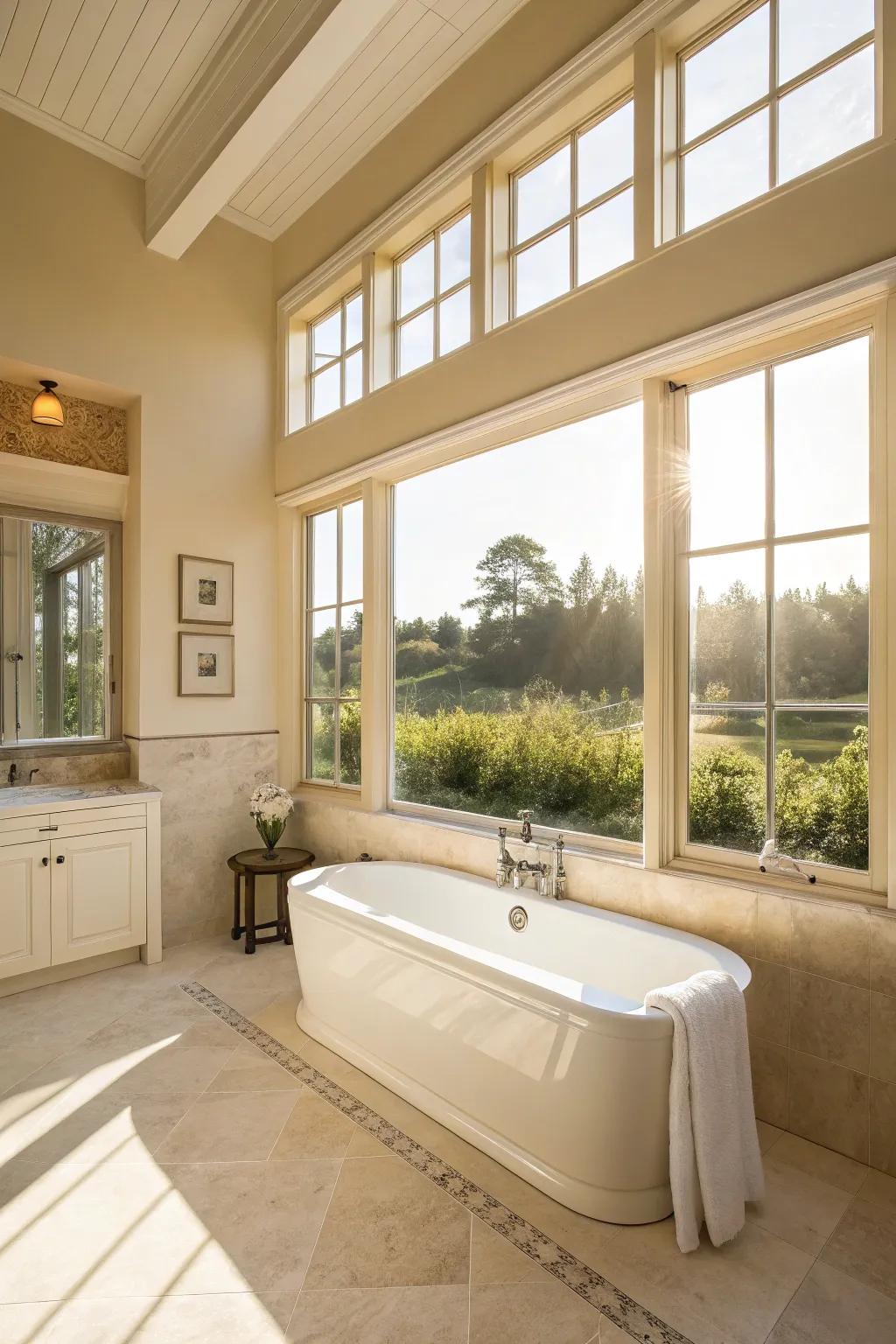 Sunlight enhances the creamy tones beautifully in this bathroom.