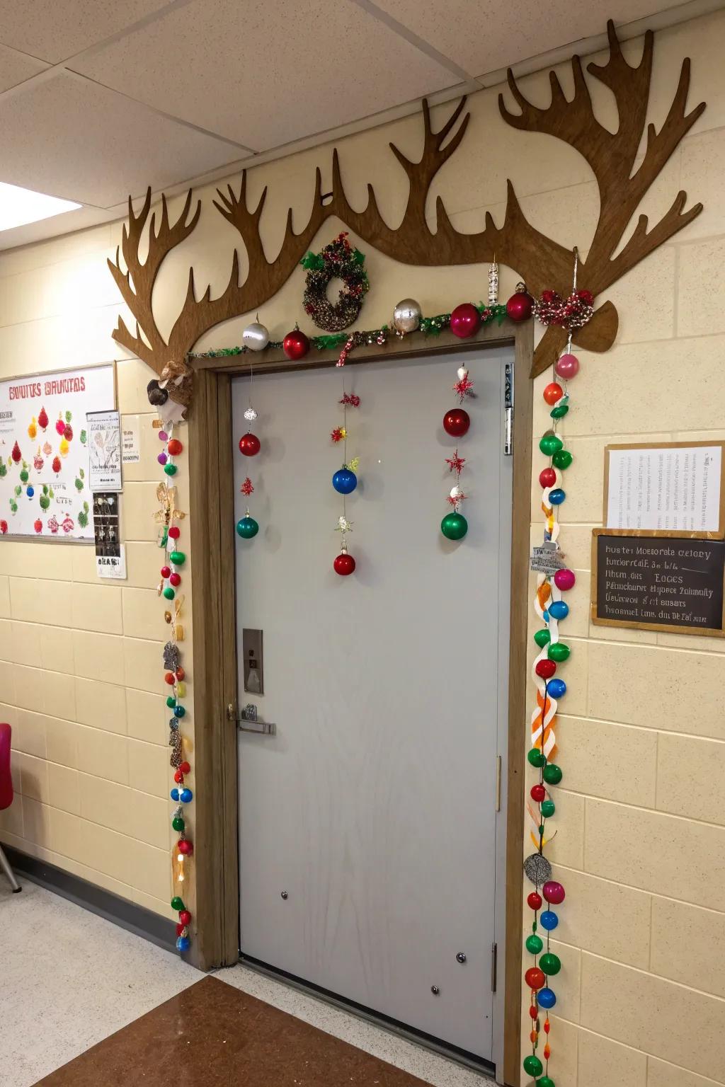 An educational doorway adorned with immense stag crowns, embellished with pupil-fabricated baubles.
