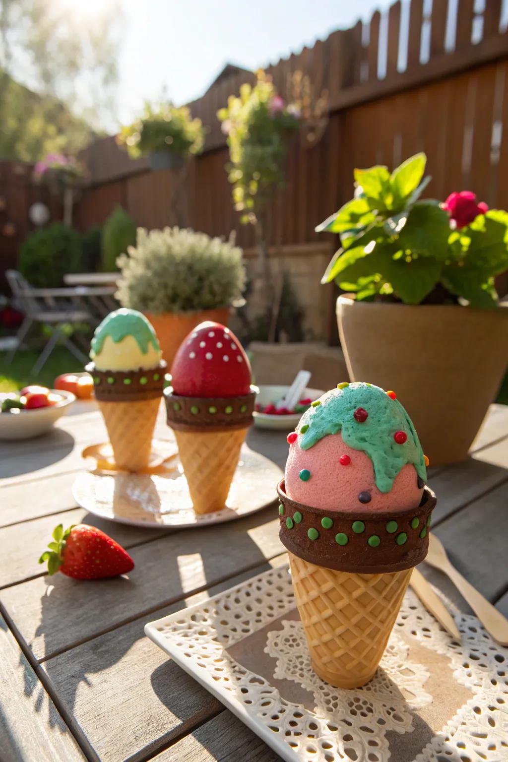Irresistible ice cream cone eggs, ideal for summer decor.