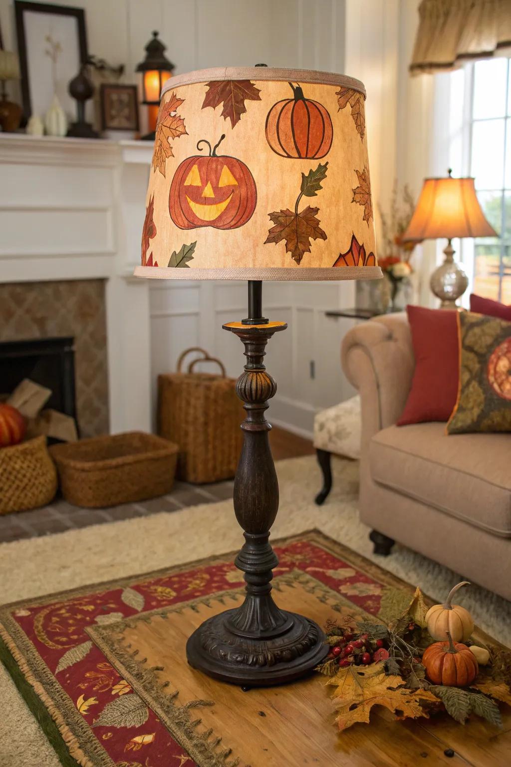 A pumpkin-themed lamp brings a festive, cozy touch to a living room setting.