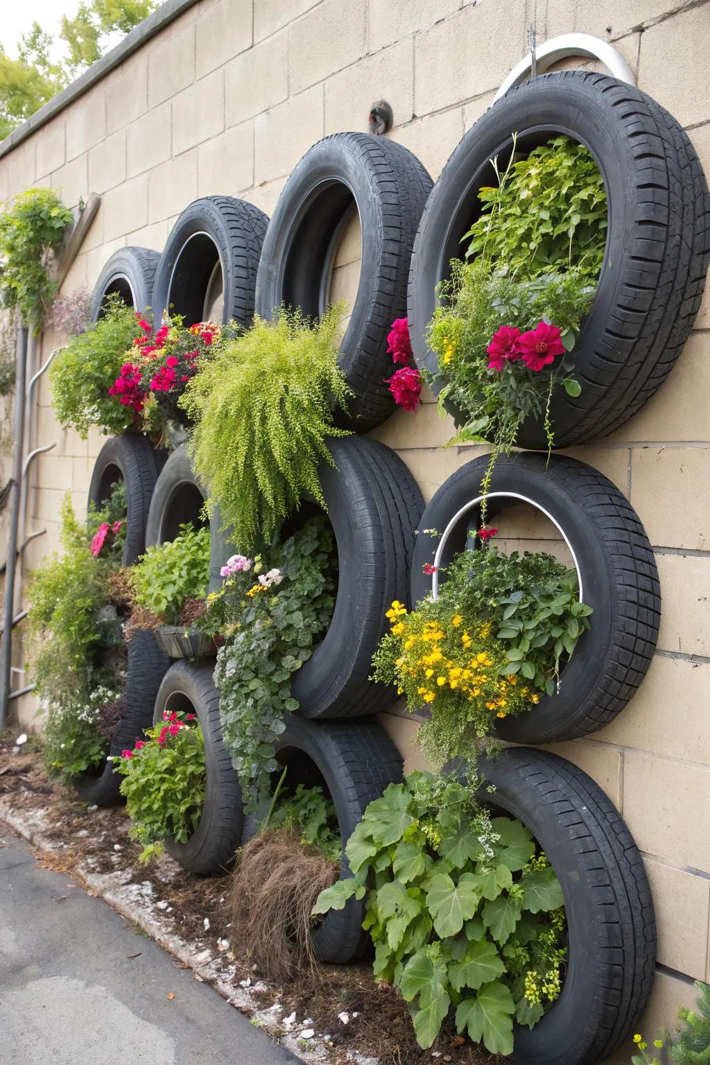 Innovative vertical tire garden bringing a wall to life with plants.
