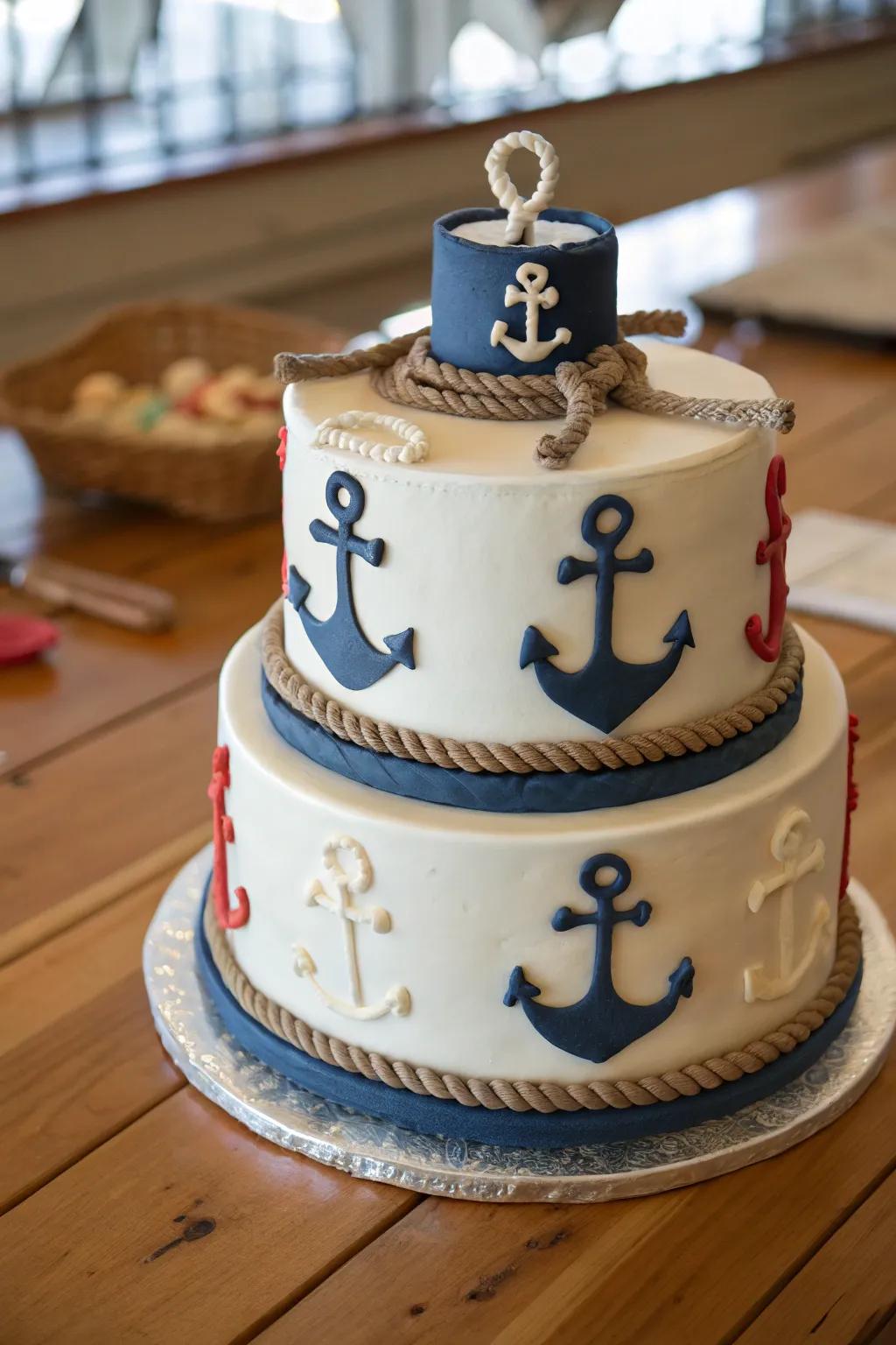 The charm of this cake is enhanced by nautical details like anchors and ropes.
