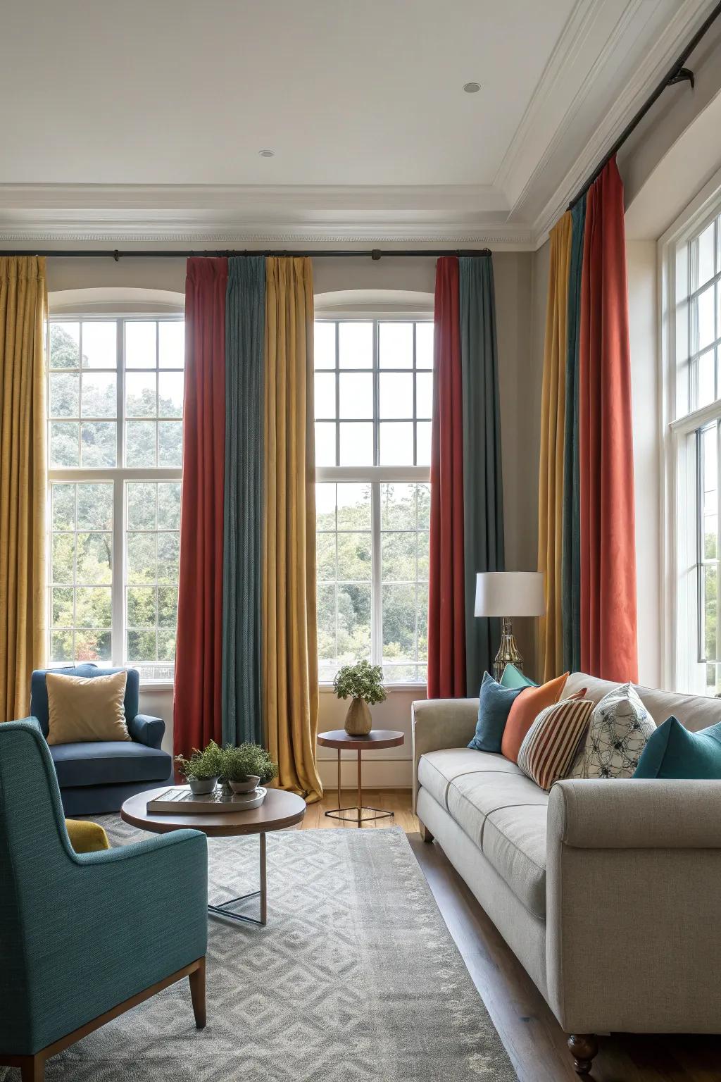 Curtains with harmonizing colors elevate the overall unity of the room.