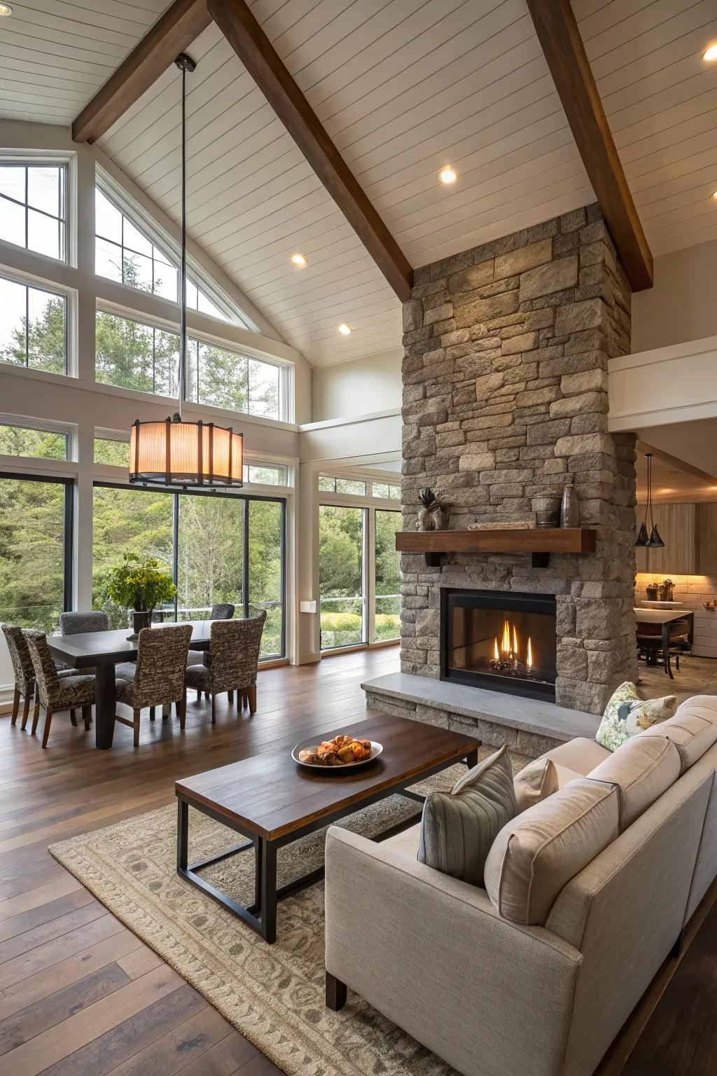 An open-concept layout featuring a central fireplace that enhances connectivity.
