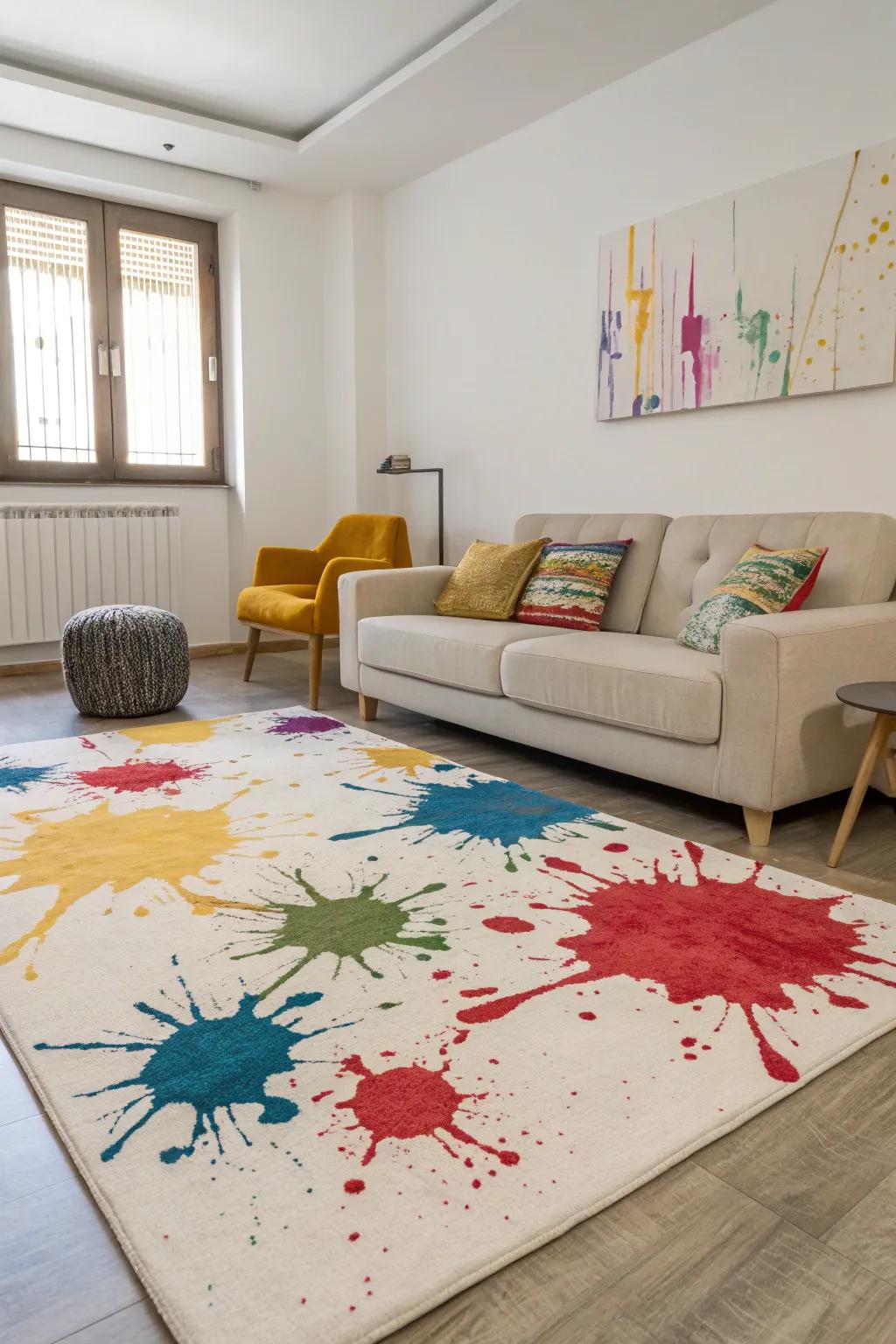 An artistic paint-inspired rug brings bold energy to a minimalist space.