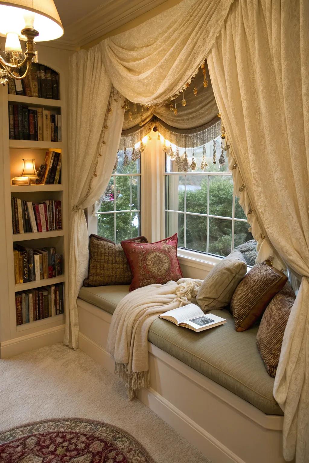 Elevate your reading space with dimension and grandeur using layered valances.