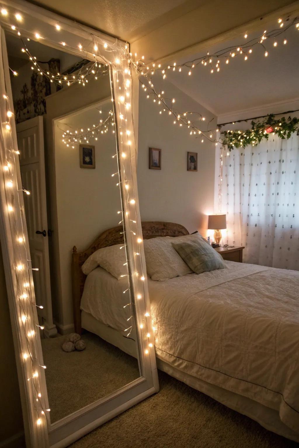 Whimsical bedroom illuminated by fairy lights.