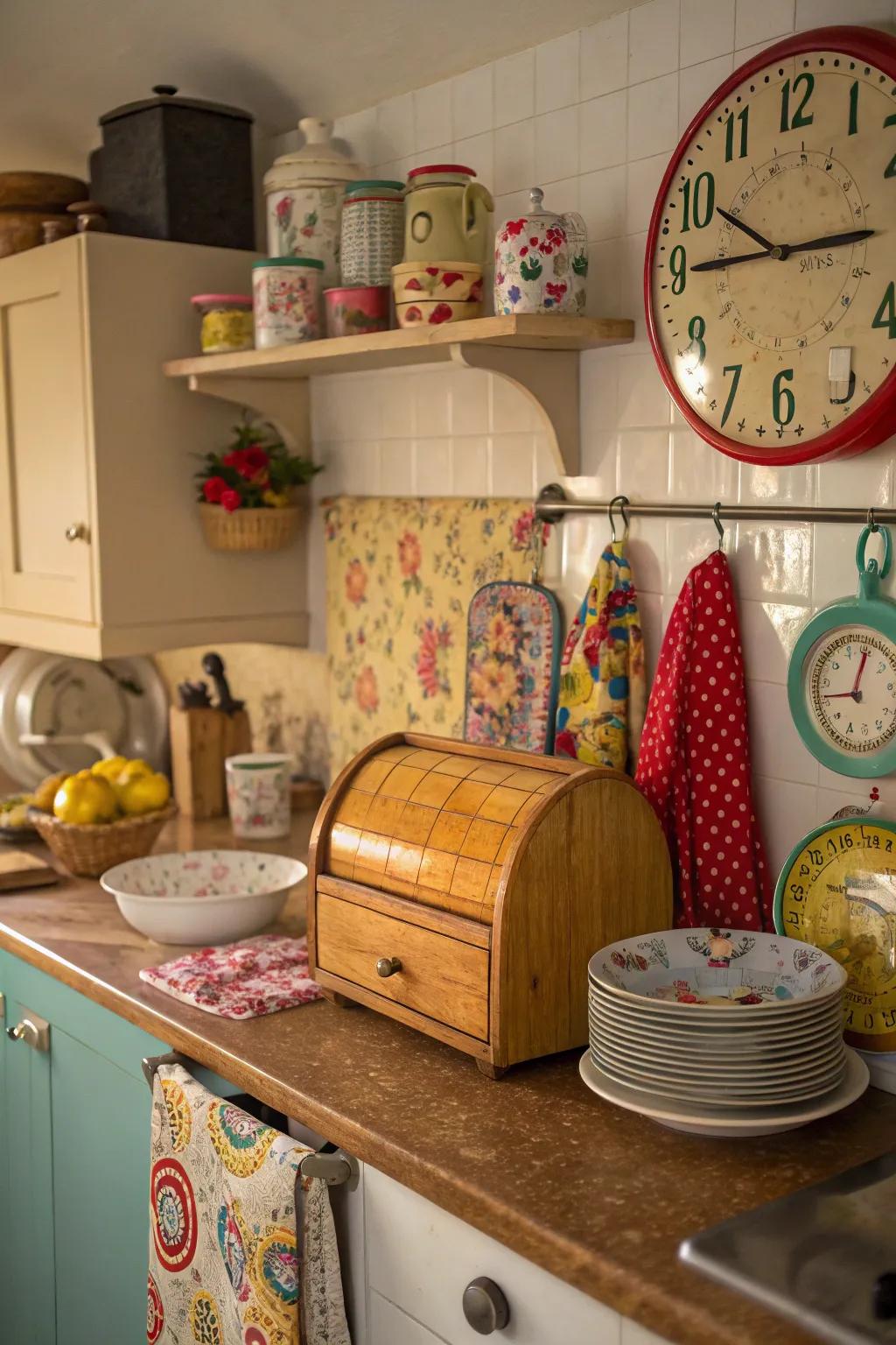 Vintage accessories impart unique personality to the kitchen.