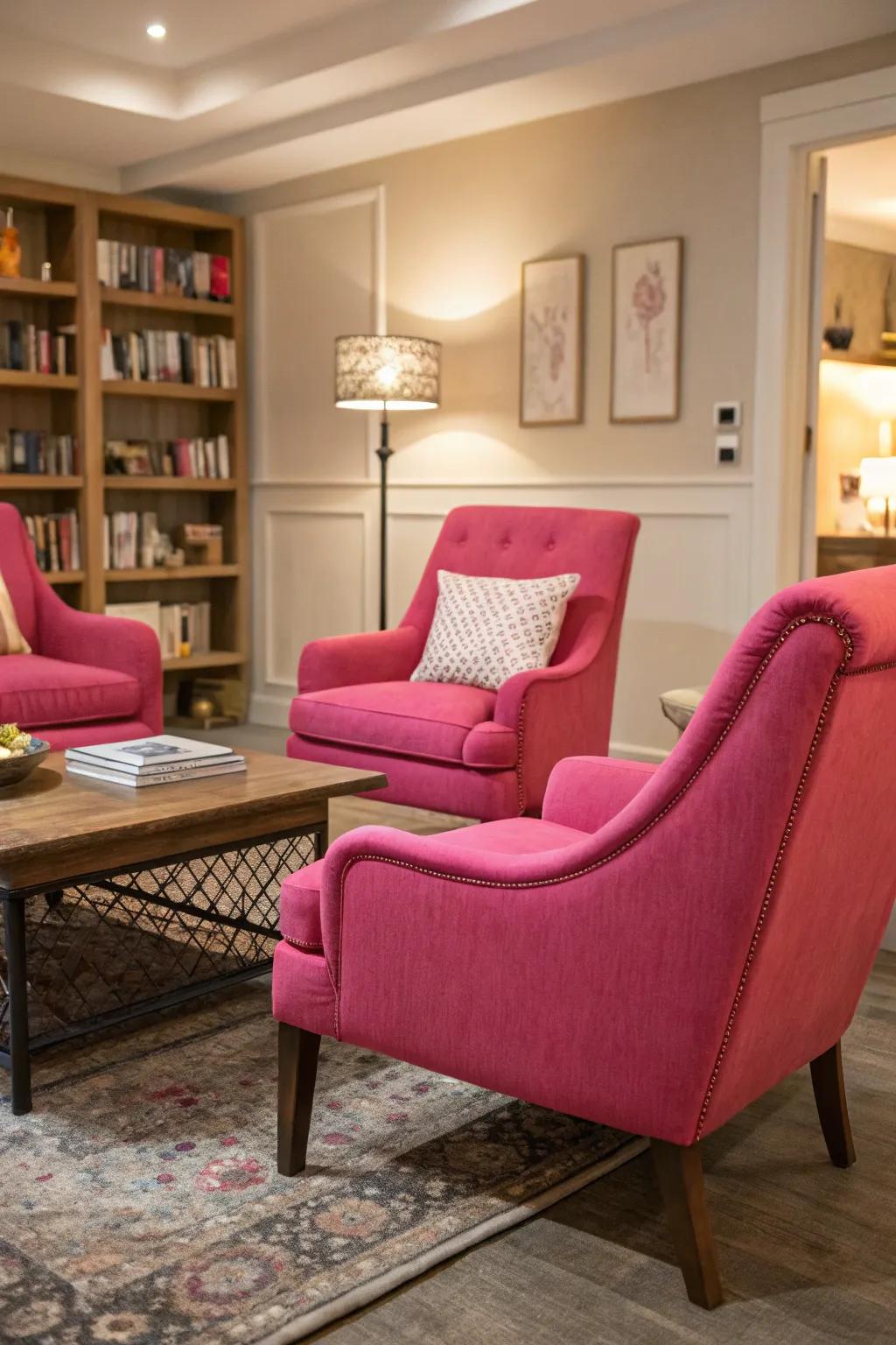 Rose highlight chairs add a burst of color and coziness to the living space.