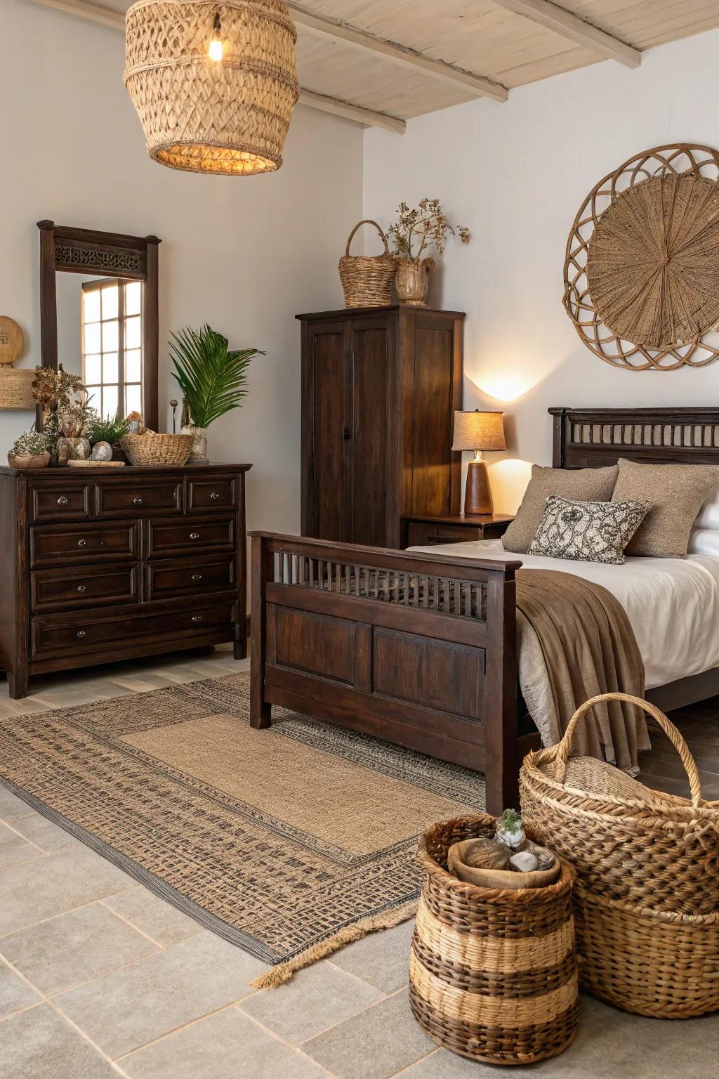 Organic textures complement the sturdiness of deep brown furnishings.